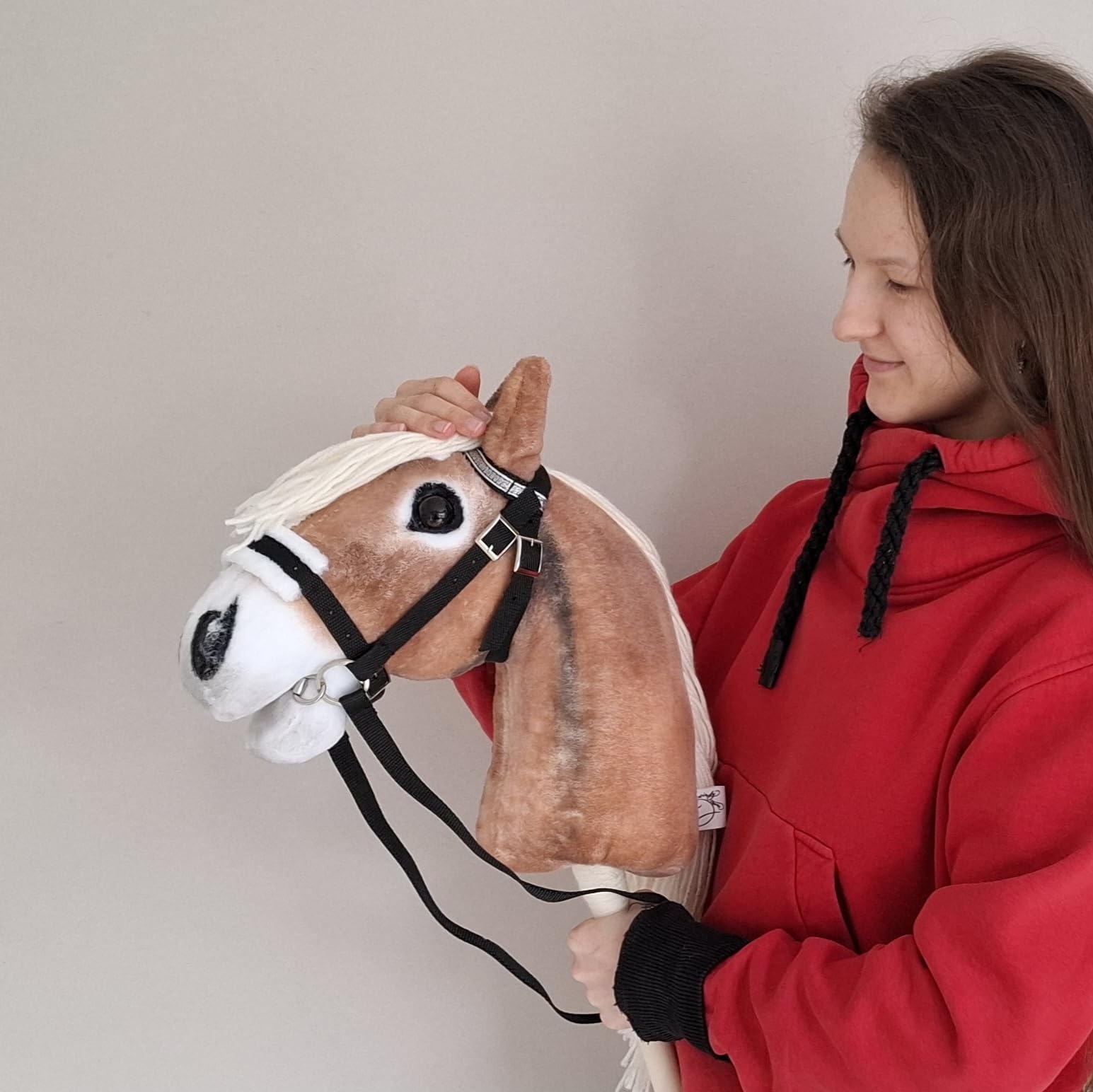 Set Hobby Horse A3 + Abnehmbare Trense & Halfter | Großes Steckenpferd Haflinger | Abnehmbare Trense & Lange Mähne | Stockpferd mit Zubehör