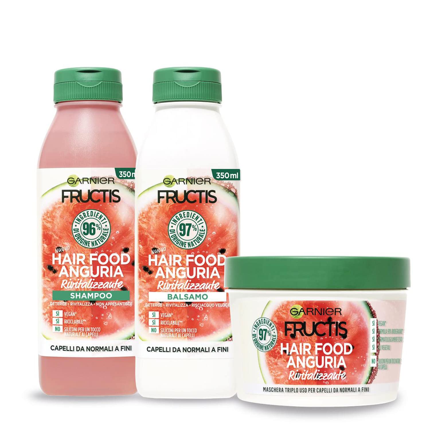 Garnier Fructis Hair Food Routine Cheveux Shampoing Pastèque 350ml + Après-shampoing 350ml + Masque Triple Usage 390ml pour Cheveux Normaux à Fins 98% d'Ingrédients d'Origine Naturelle - Lot de 3