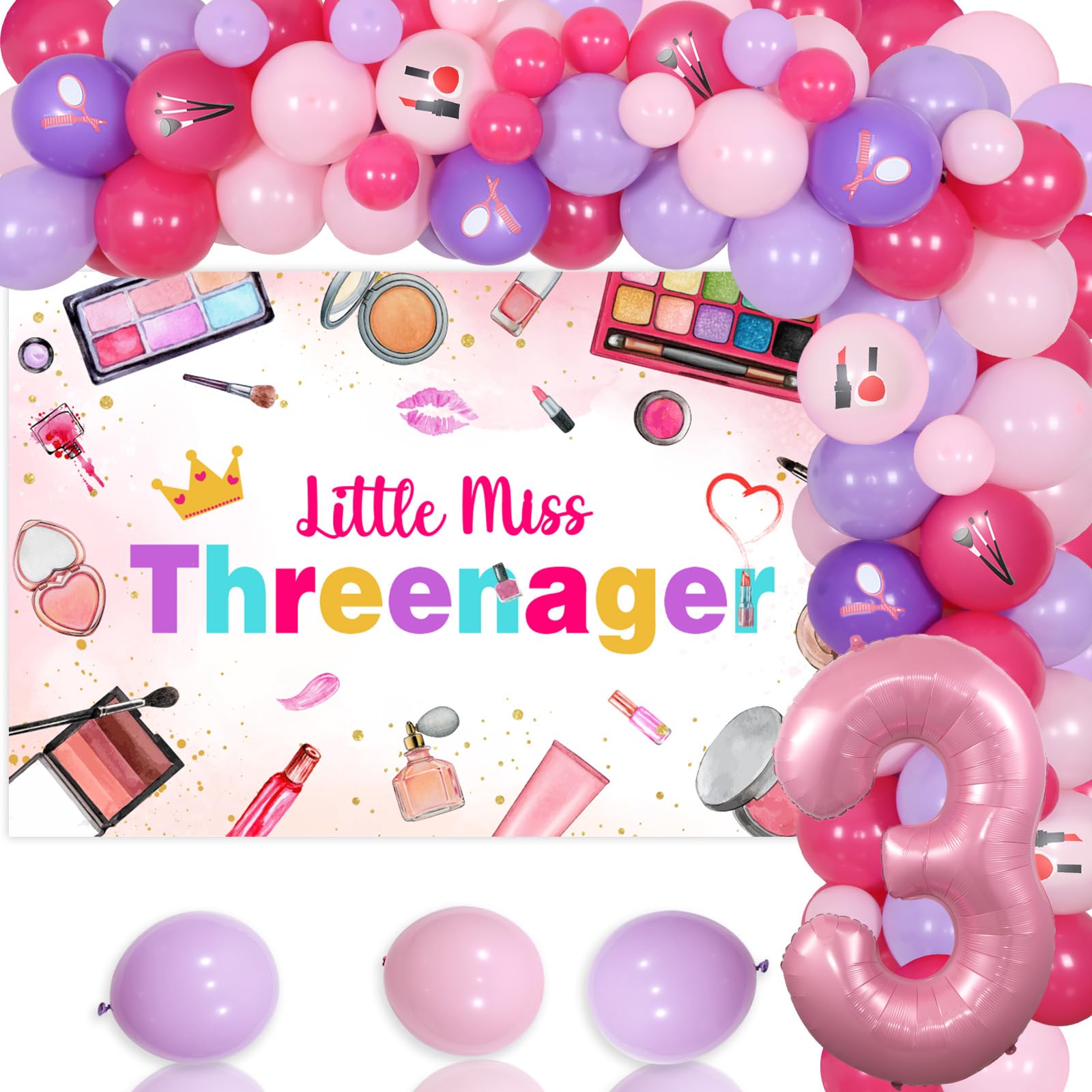 Little Miss Threenager Birthday Decorations, 3rd Birthday Decorations for Girls, Makeup Balloon Arch Kit with Kids Spa Party Balloons Backdrop, Number