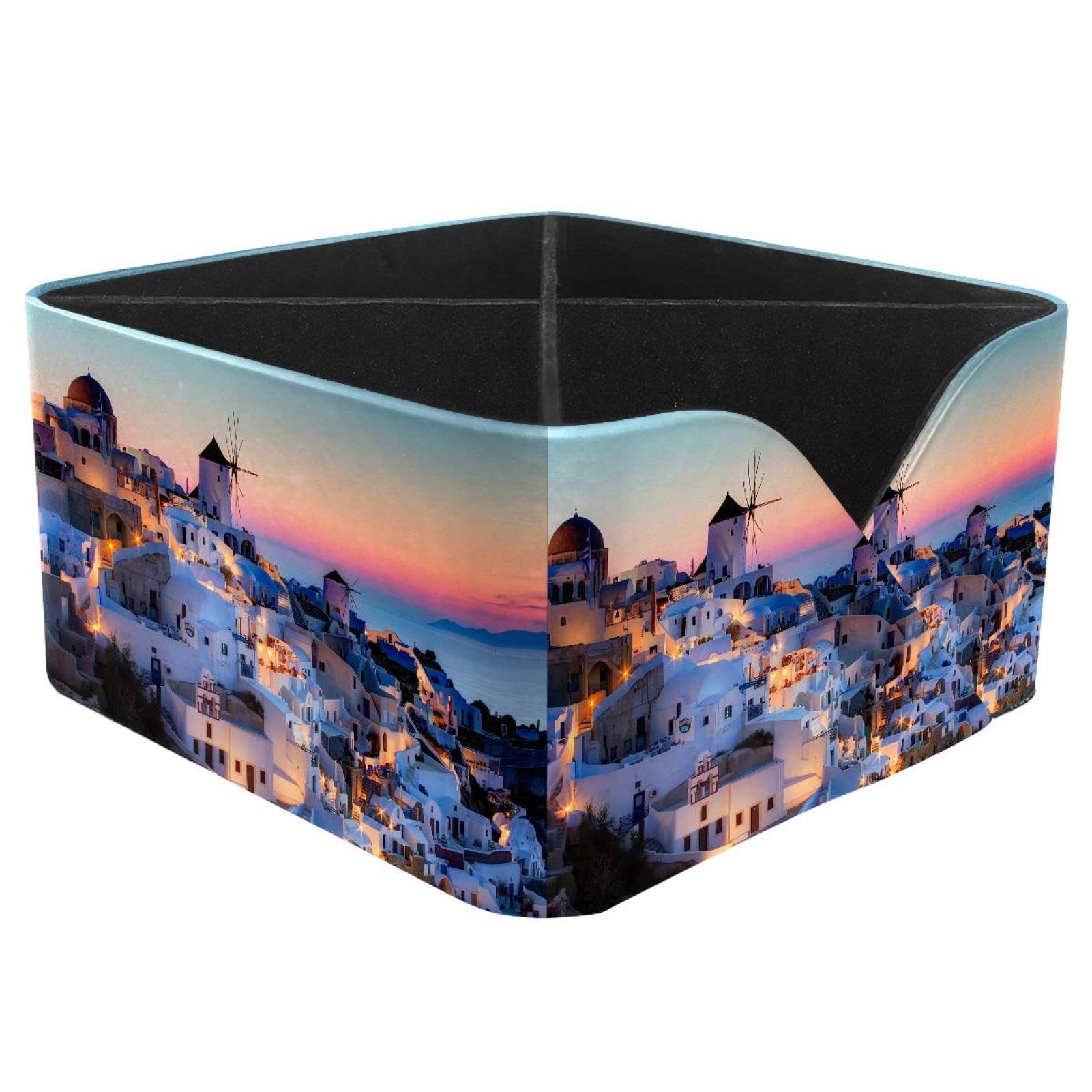 KengjuTesu Greece Santorini Caldera Desktop Organizer Pen Holder, Rectangular Pencil Cup for Office, Study and Makeup Stations
