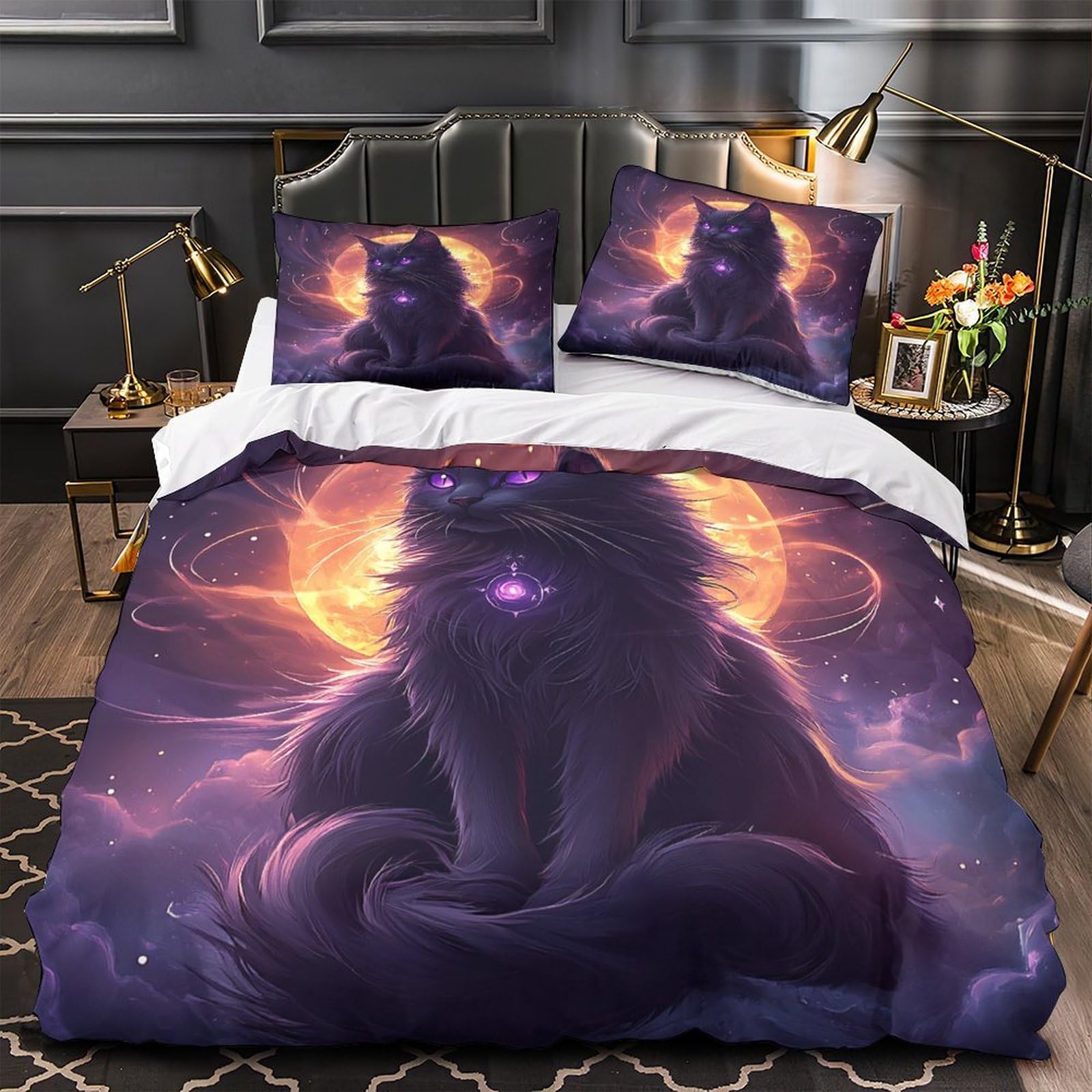 Housse de Couette Chat Noir 3D 140x200 Parure de Lit Microfibre