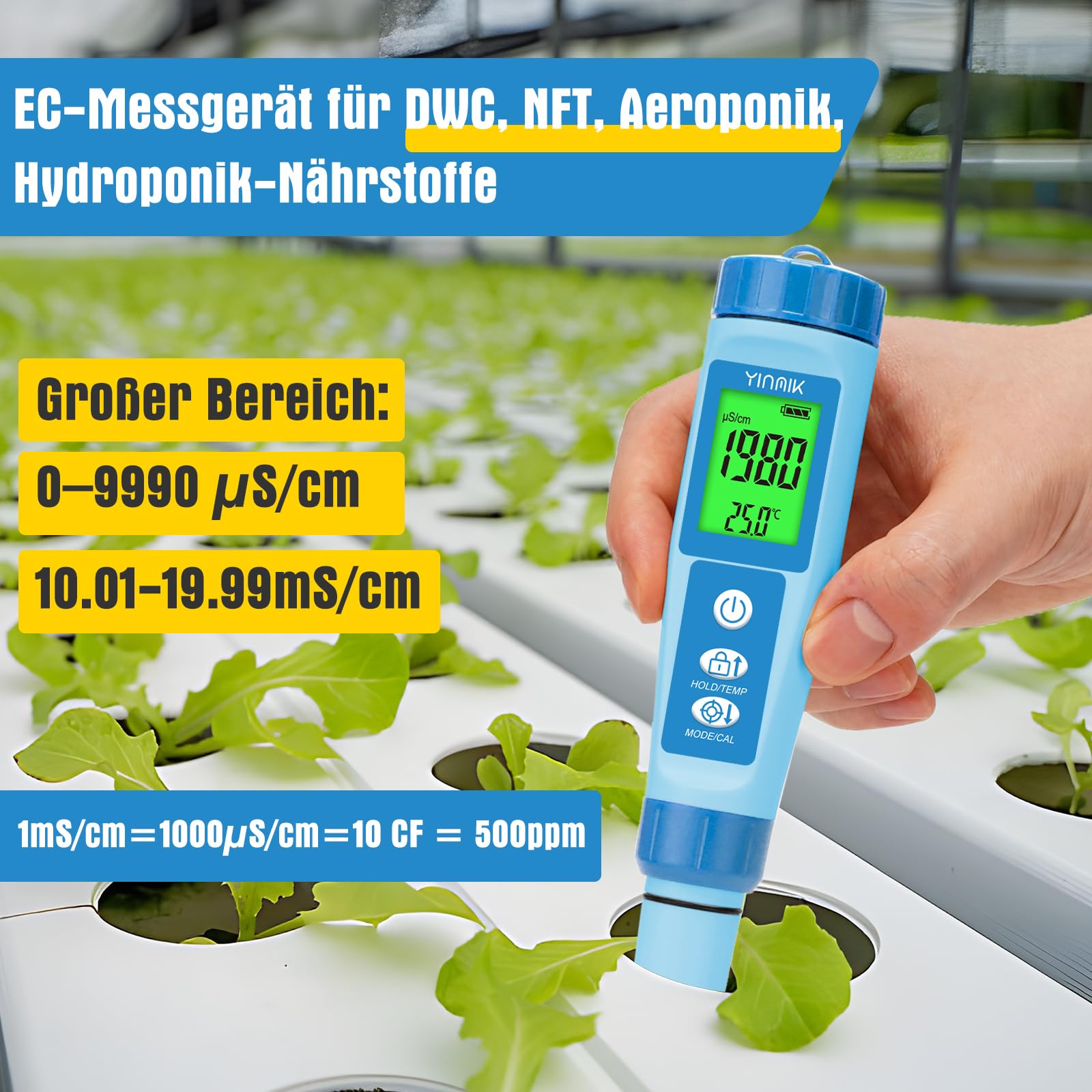 YINMIK pH Messgerät, Pool pH Messgerät, pH EC Messgerät Grow, TDS Tester für Trinkwasser, pH EC Messgerät für Hydrokultur, Digitales 4-in-1 pH Leitfähigkeits PPM Temp Messgerät für Pools Aquarium
