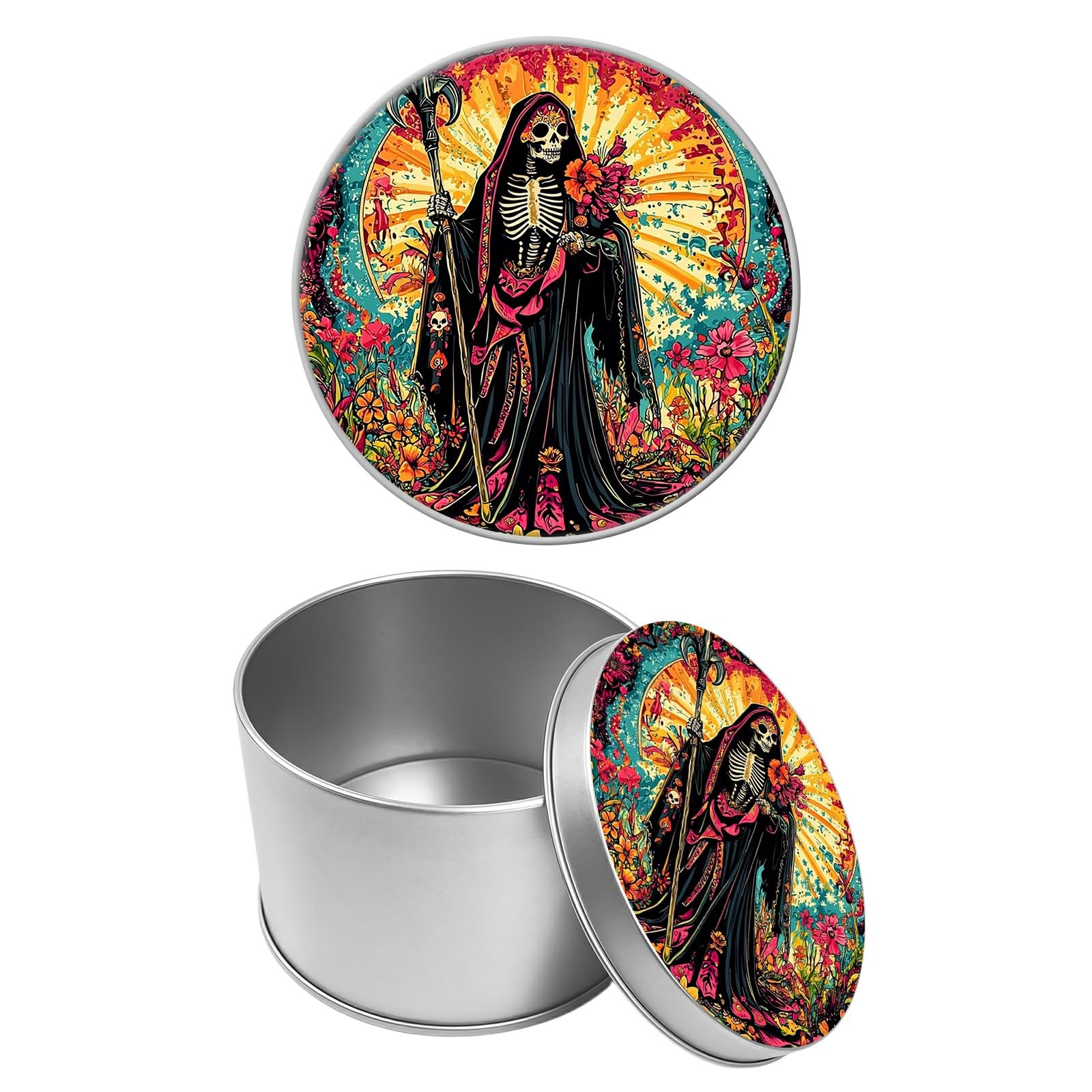 Round Metal Tin Container with Removable Lid, Abstract Flowers Skull Durable Metal Storage Box for Cookies Spices Tea Candies Cakes Jewelry Cosmetics 3.54 x 2.36 inch– Single Pack