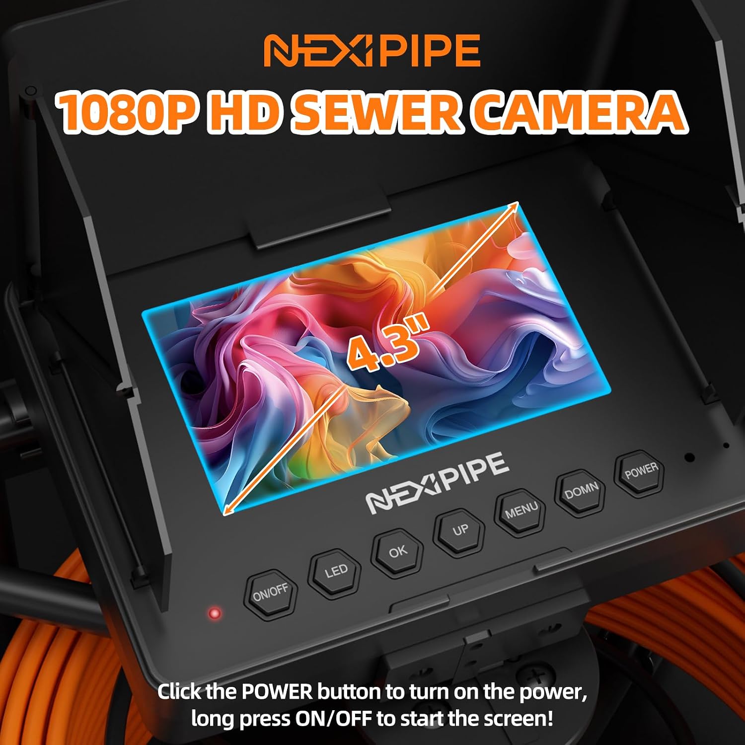 Sewer Camera 4.3in, 66ft/20m Meter Marker Cable, Drain Inspection Camera, IP68 Waterproof Snake Plumbing Tool with Lights - 12 Adjustable LEDs, 8500mAh Battery, for Sewer Line Duct Pipes