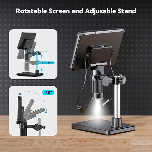 Miniatura 7 de Microscopio digital de pantalla IPS de 7 pulgadas, aumento de 10X-1200X, 2 luces de cuello de cisne, tarjeta SD de 32 GB, control remoto y soporte