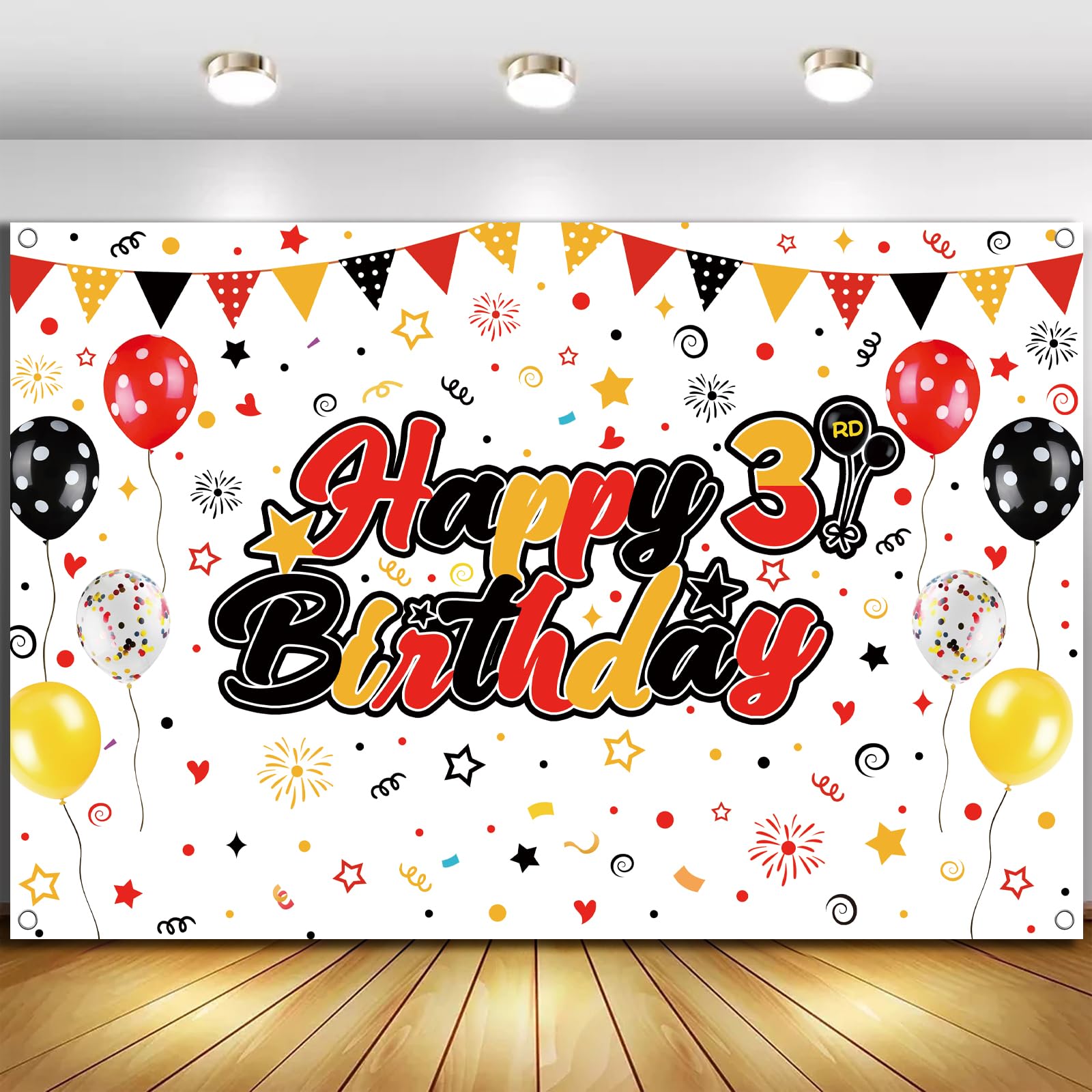 Happy 3rd Birthday Backdrop | 5x3ft Red Yellow Black Cartoon Theme Photography Background Banner Props | Perfect for Boys’ Birthdays, Baby Showers, Photo Booths & Holiday Party Decorations