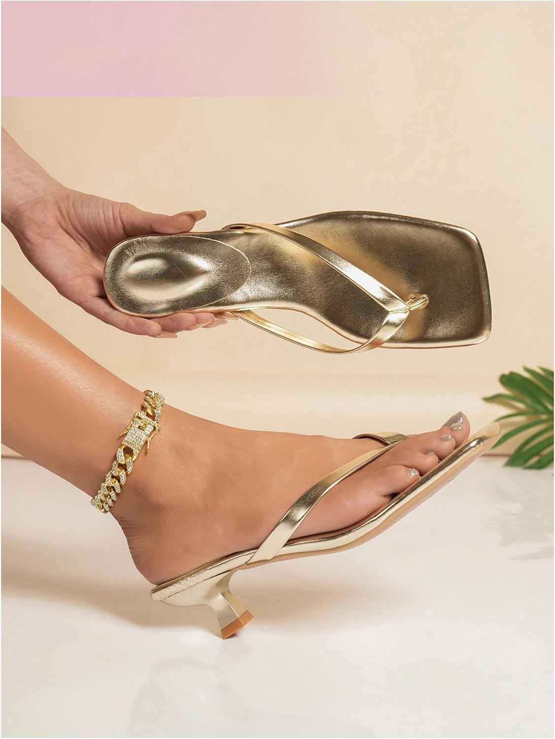 GORGLITTER Women's Gold Kitten Heel Sandals Dressy Metallic Slip on Heels Square Toe Party Prom Thong Sandals