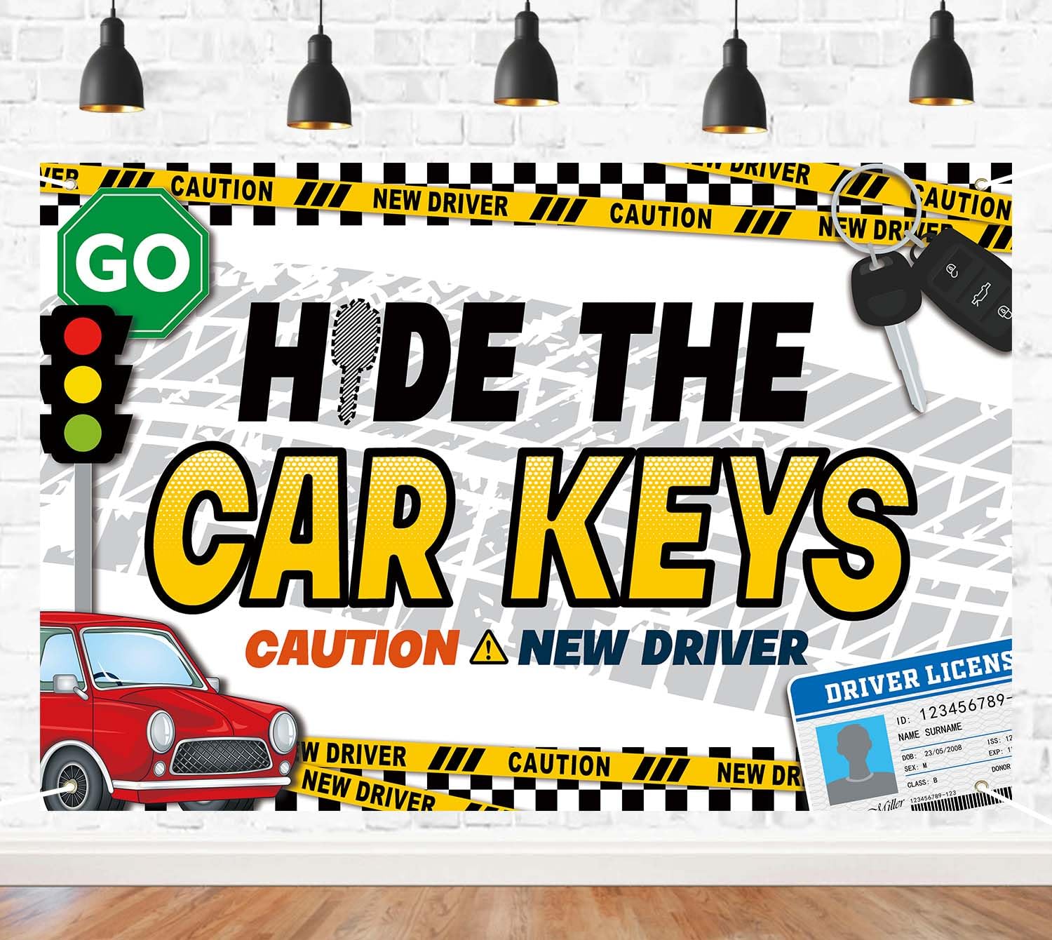 Hide The Car Keys Backdrop 5 x 3.3 ft, Funny New Driver Party Decoration, Congrats You Passed Party Photography Background, Street Legal Signs, Driver