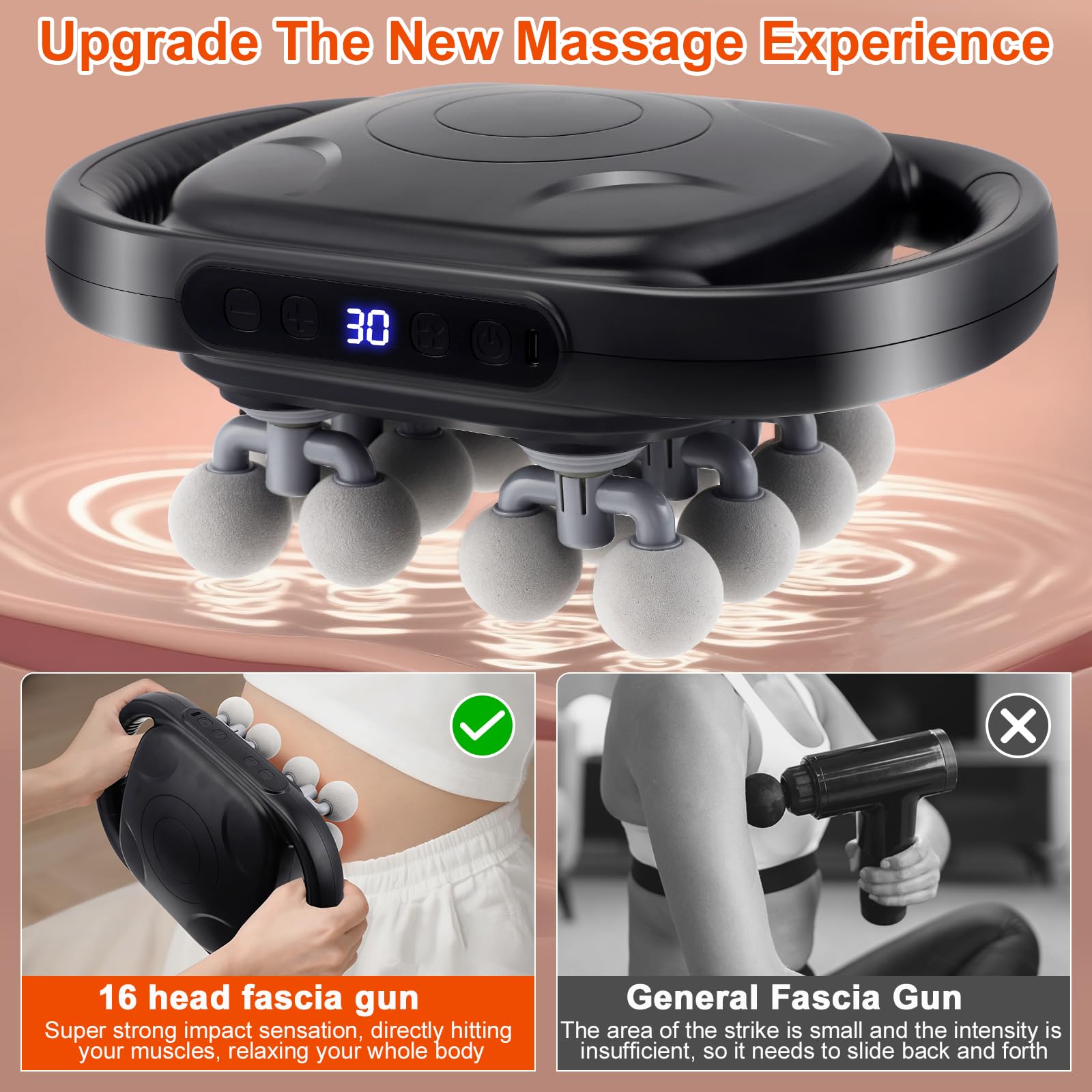 Pistola de masaje para muscular con 30 niveles y 9 modos, 16 cabezales Masajeador de cuello con luz roja, Masajeador eléctrico para piernas, brazos, cintura, espalda y glúteos muscular Relajación