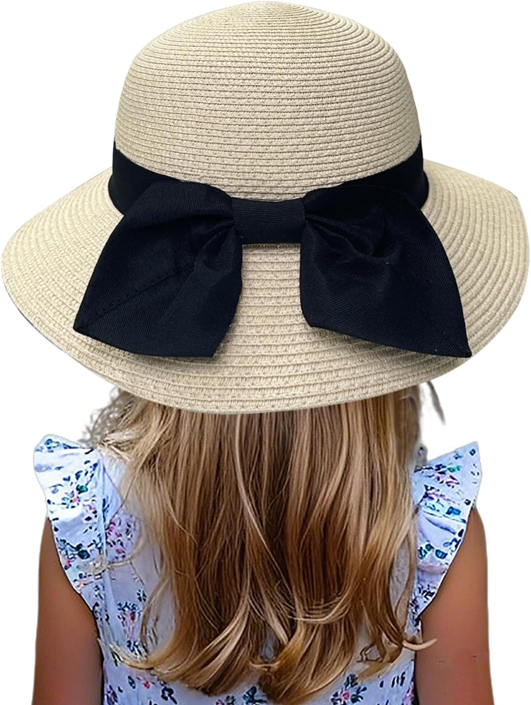 Jastore Little Kids Girls Boys Summer Straw Sun Hat Wide Brim Bowknot Floppy Beach Sun Hat