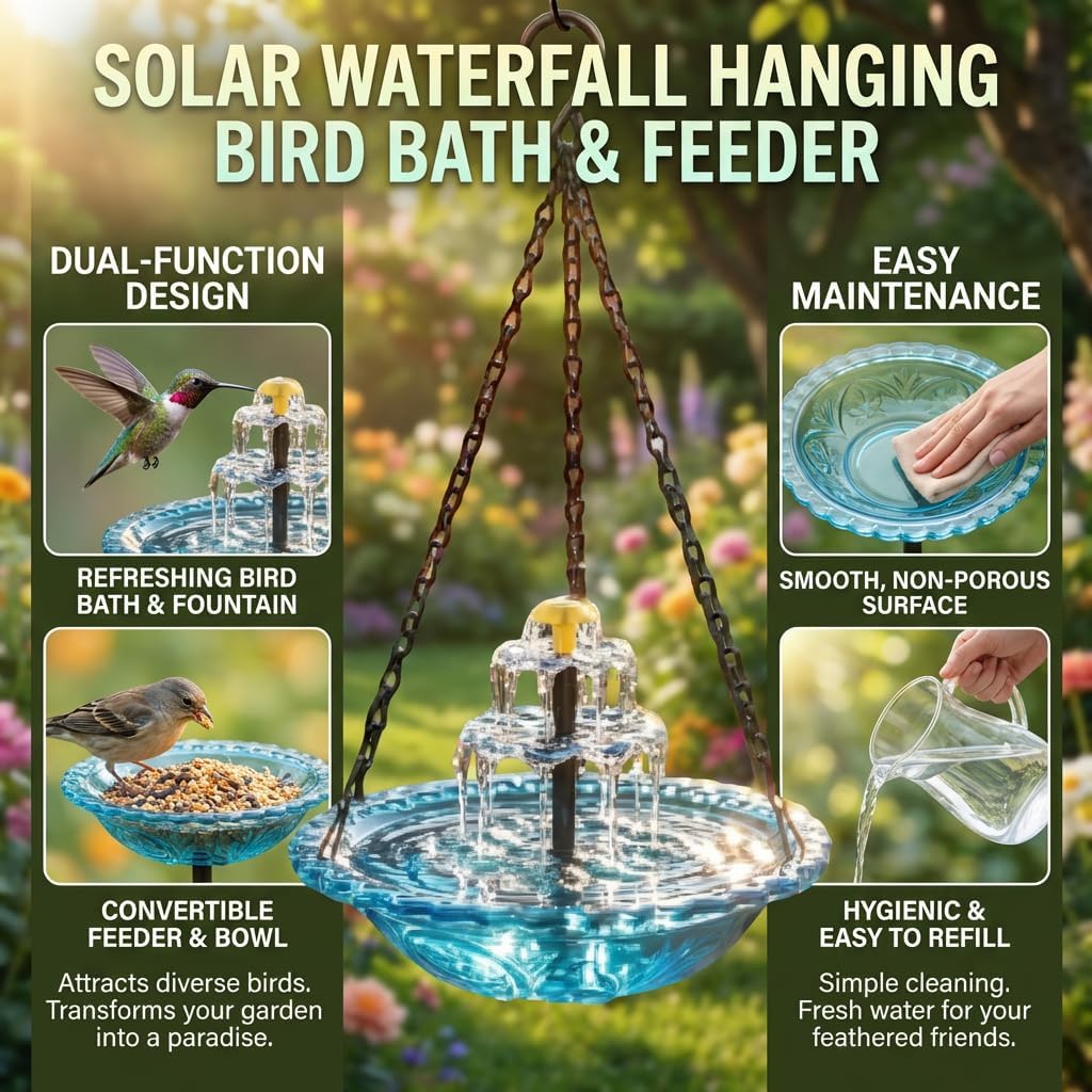 Solar Cascade Hanging Bird Bath Fountain, Hanging Solar Bird Bath, Hanging Bird Bath Fountain for Garden Outdoor, Decorative Outdoor Bird Feeder Water Bowl for Patio Yard Balcony Tree Decor (Blue)