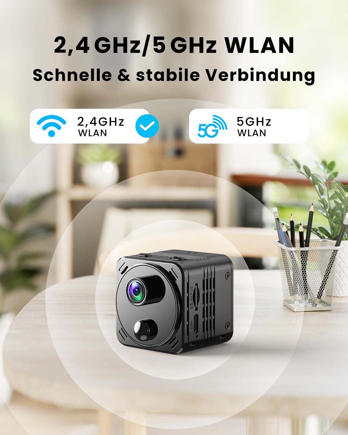 4K Mini Kamera 2,4/5GHz WLAN Überwachungskamera Innen WiFi Camera mit Live Übertragung aufs Handy, PIR Bewegungserkennung, Nachtsicht, Cloud Speicher, Lange Akkulaufzeit