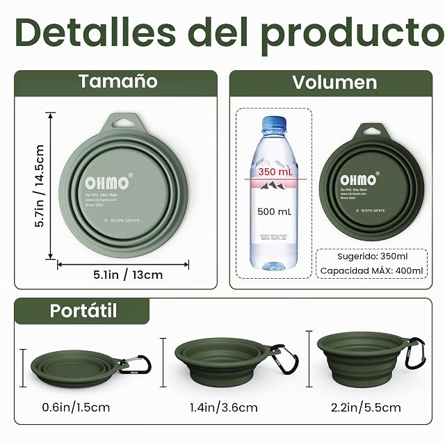 Foto 2 de 7 de OHMO Bebedero Perro Portátil con Anillo de Acero Inoxidable Integrado (2 uds., 400ml