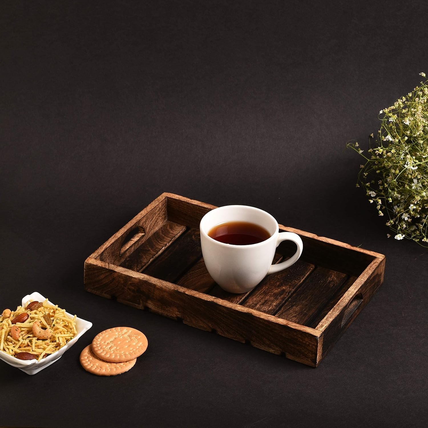 Craft Expertise Mango Wood Serving Tray – Rectangular Wooden Tray for Coffee, Tea, Drinks & Snacks – Rustic Kitchen & Dining Organizer for Living Room, Restaurant (11.5 x 7 x 1.5 Inches) 4