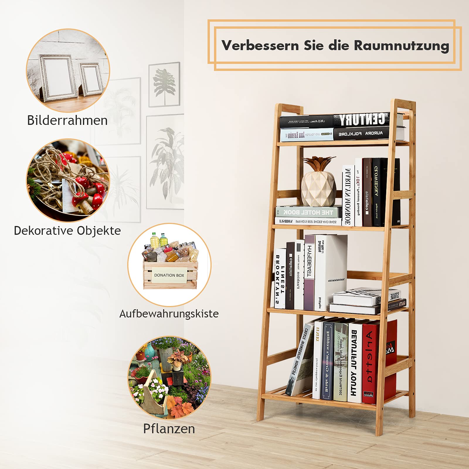 GOPLUS Pflanzenregal mit 4 Ebenen, Blumenregal Standregal aus Bambus, Wetterfest, Korrosionsbeständig, Stabil, Multifunktional, für Blumentopf Pflanzen Bücher und mehr, Indoor & Outdoor (Natur)