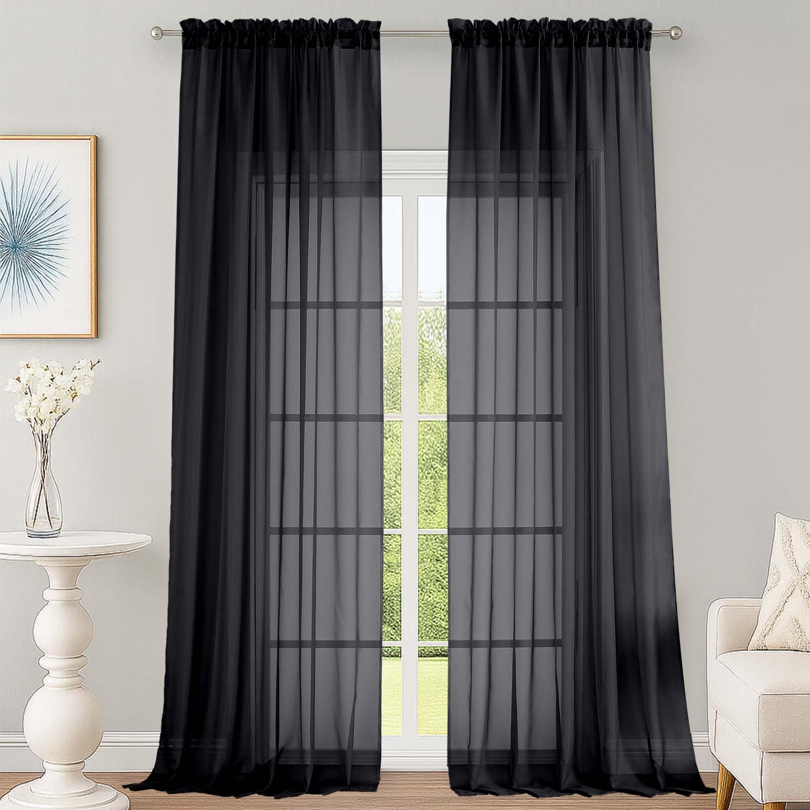 OWENIE Black Sheer Curtains 108 Inches Long for Living Room Bedroom 2 Panels Set, Lightweight Airy Black Sheer Curtain, Filmy Rod Pocket, 2 PCS, Each 59" W x 108" L