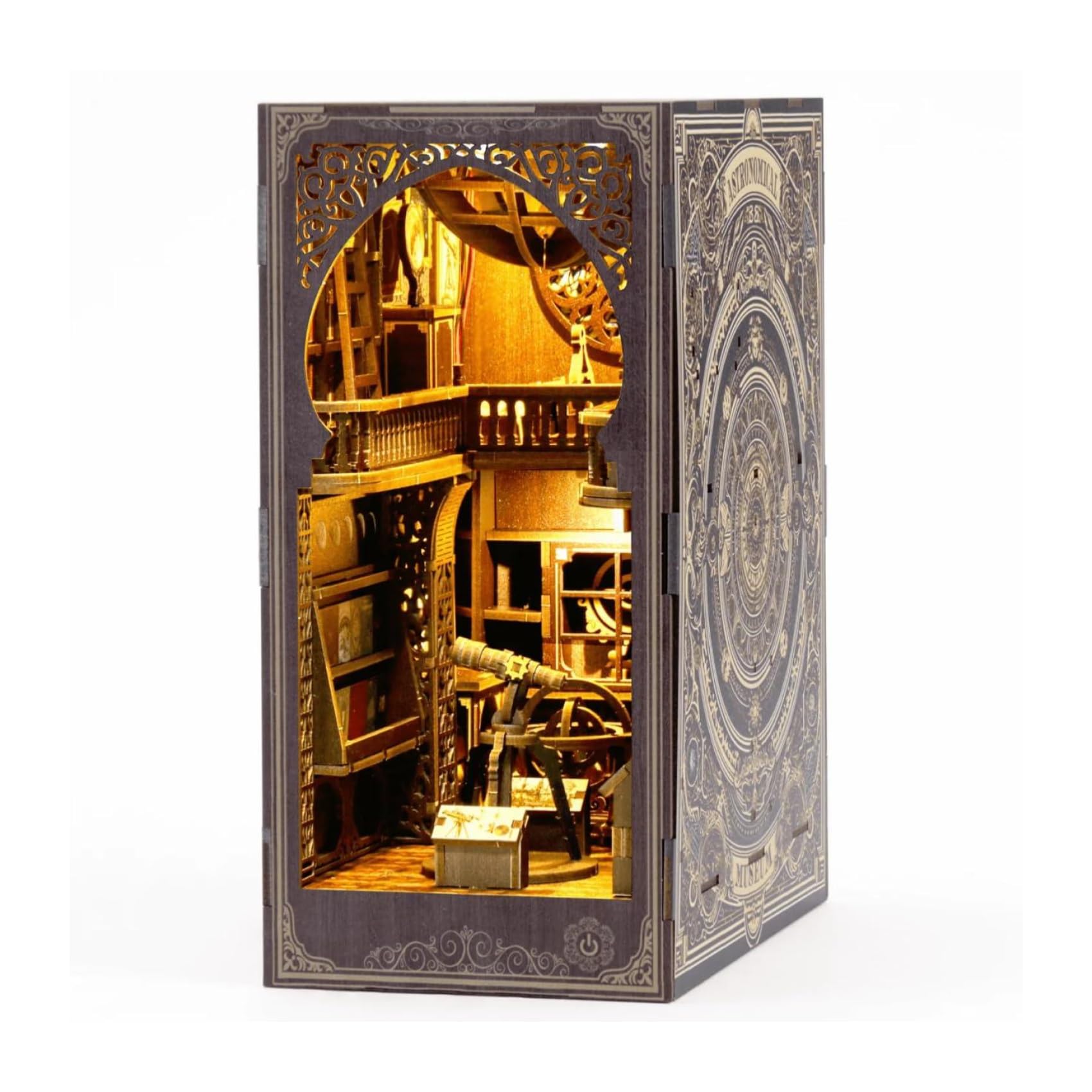 MaHo MagicHolz – Book Nook Astronomie Museum – DIY Book Nook Kit aus Holz – Booknook Diorama Miniatur Bausatz mit LED Lampe – 3D Puzzle Bücherregal Deko & DIY Buchstütze basteln
