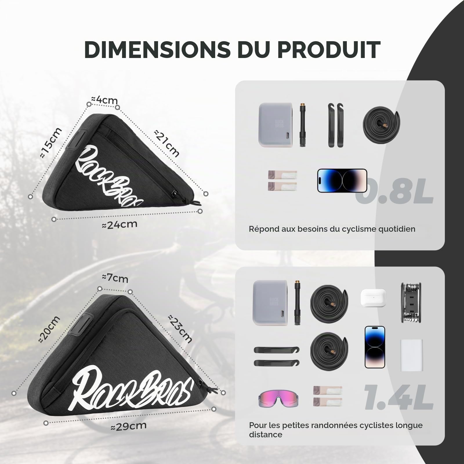 ROCKBROS Sacoche de Cadre Vélo VTT BMX, Sacoche Triangle pour Tube Supérieur de Vélo Hydrofuge Ranger Articles Cyclisme 0,8 L Noir