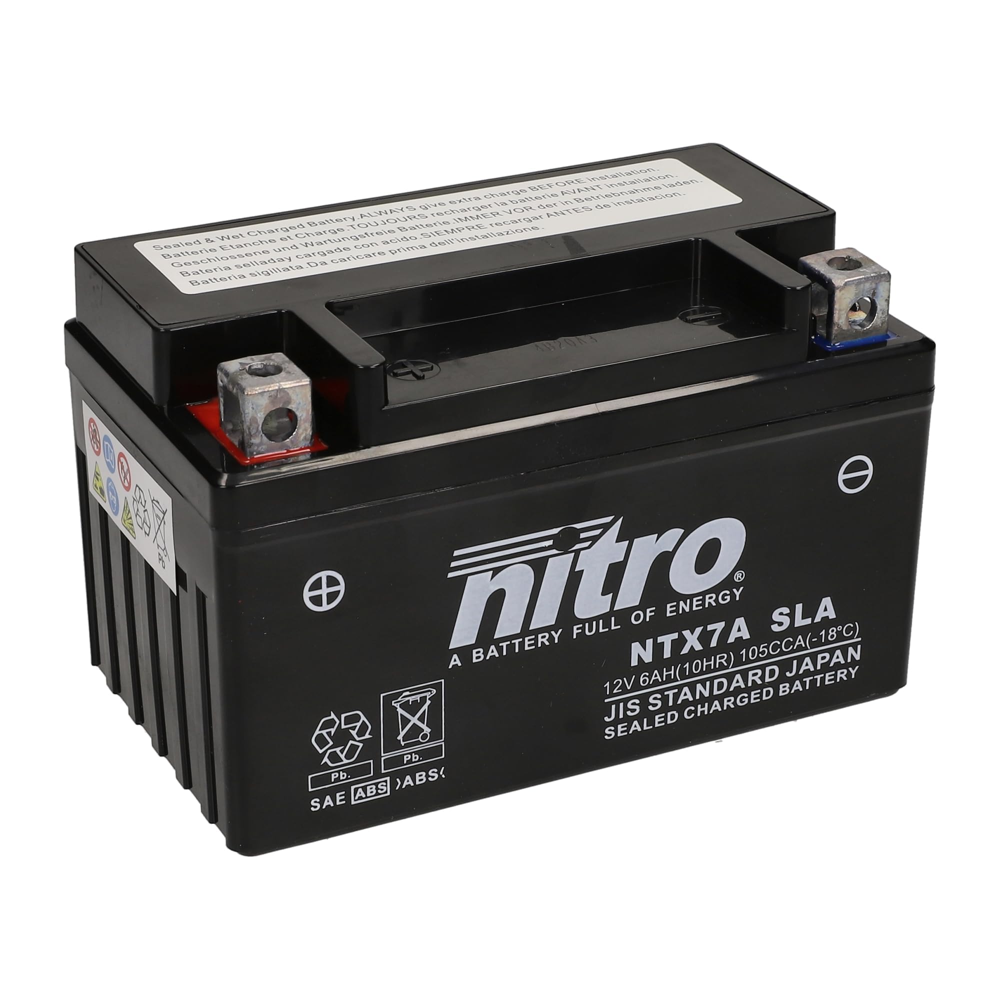 Nitro YTX7A-BS Gel SLA 12V 6Ah Batterie - Wartungsfrei & Kompatibel mit YUASA YTX7A-BS, Schwartz