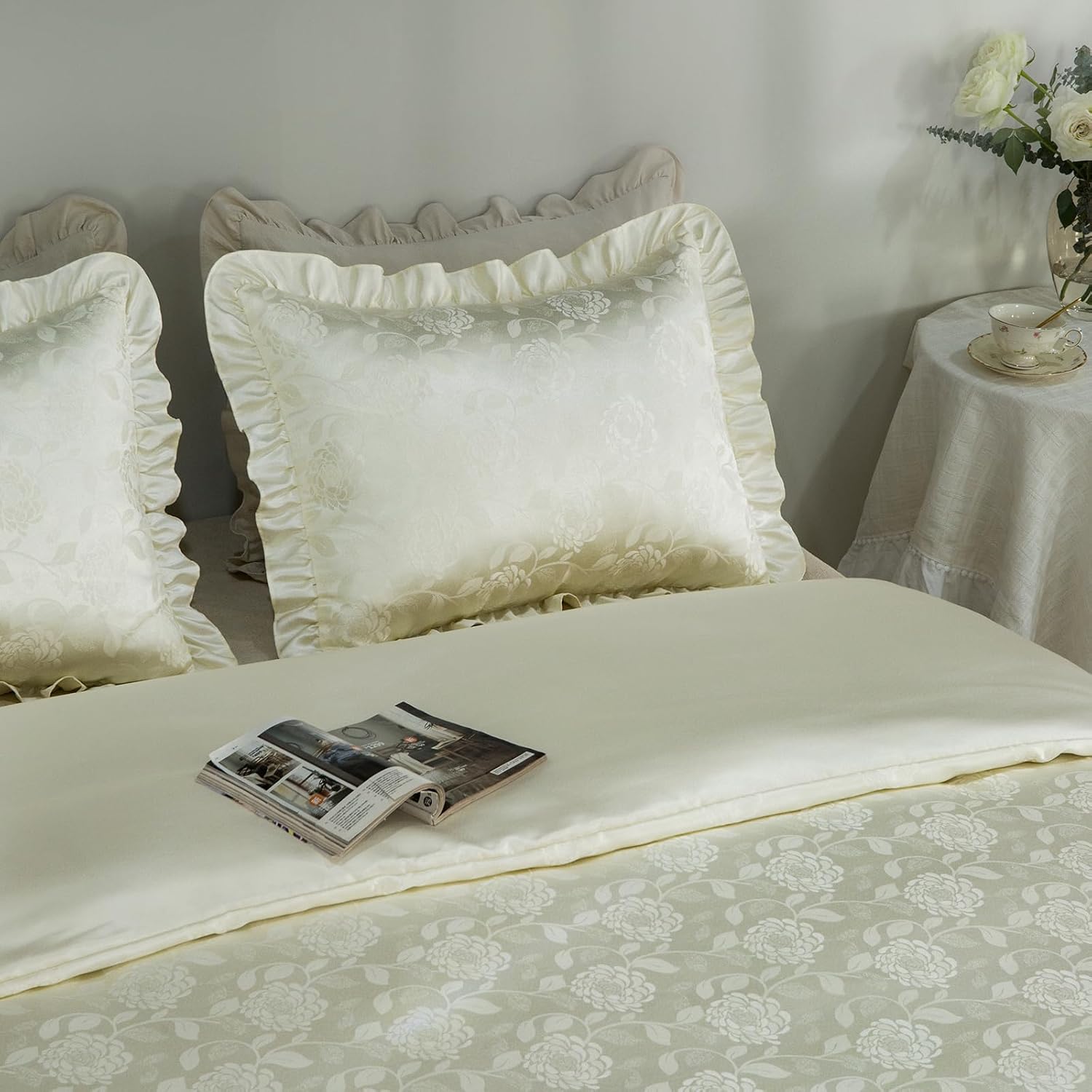 Pillow Shams Set of 2 Classic Rose Pattern Damask Textured Fabrics Decorative Pillow Cases Retro Ruffle Flounces Trim for Home Bedroom Decor Pillow Covers Ivory, King 20x36 Inch