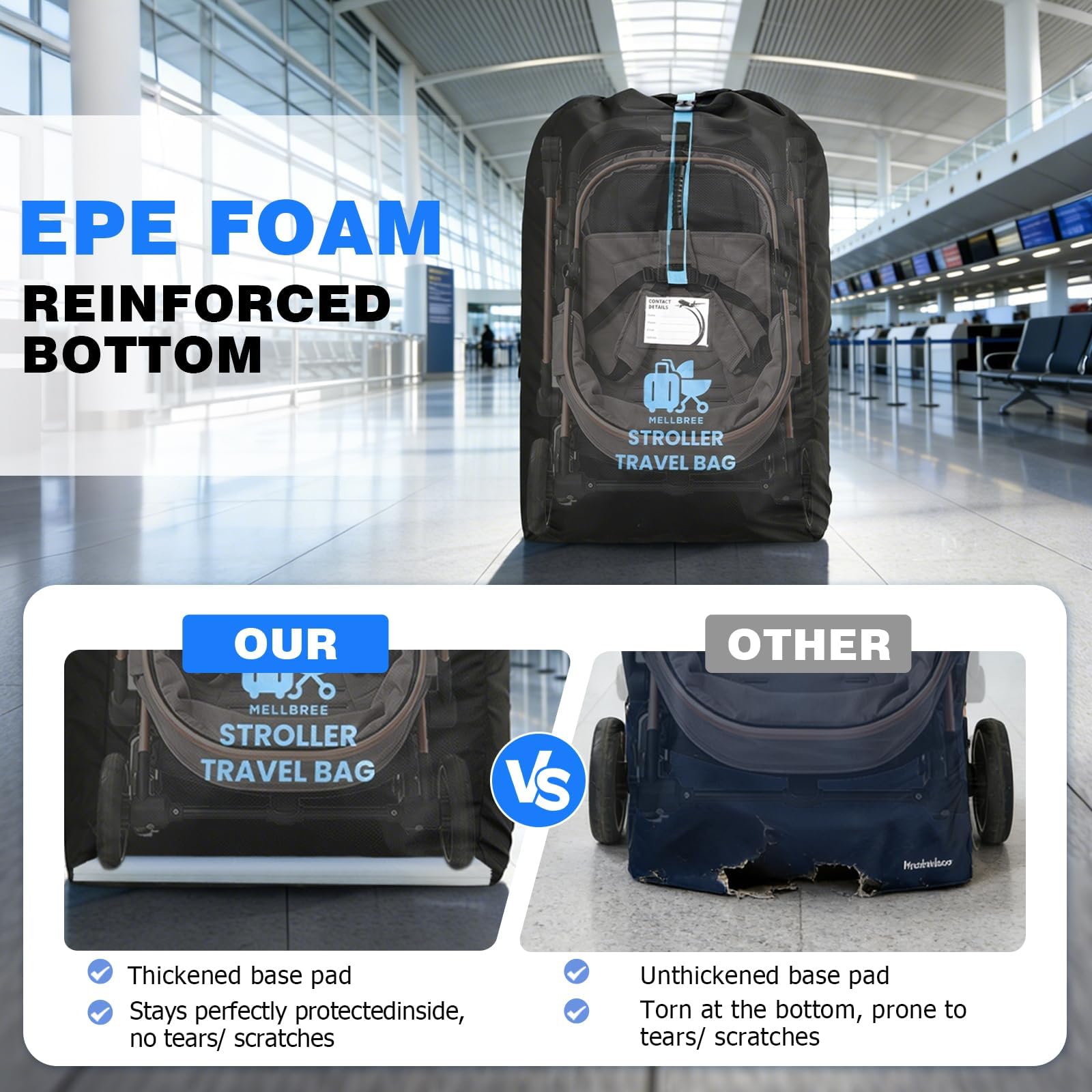 Mellbree - Bolsa de viaje para cochecito de avión tamaño XL, bolsa de viaje doble para cheques de puerta, impermeable y resistente al desgarro, tela Oxford, se adapta a la mayoría de tamaños, esencial — view 5