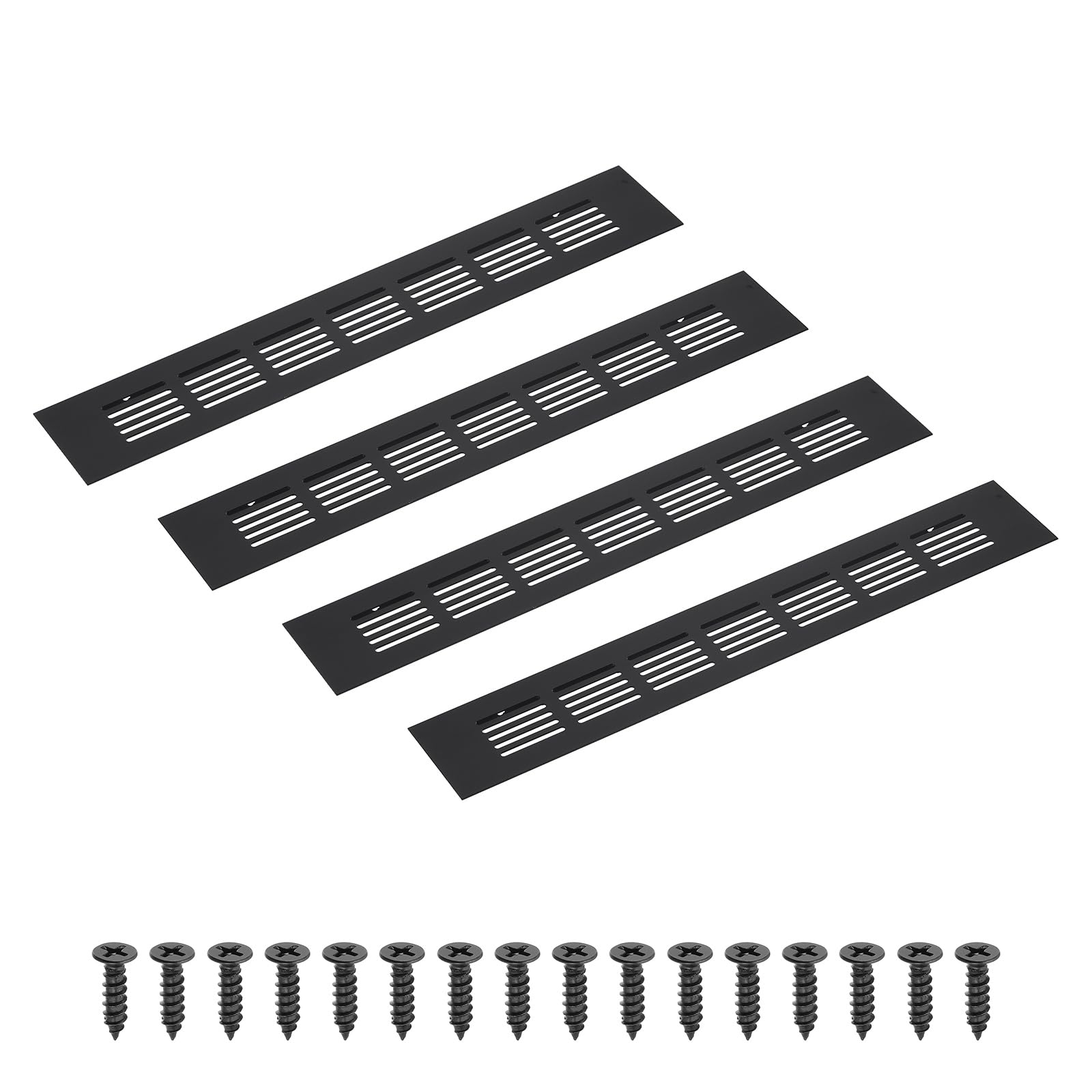 PATIKIL 12 x 2 Inch(300mm x 50mm) Rectangle Ventilation Grille, 4PCS Aluminum Air Vent Cover Louvered Ventilation Cover with Mounting Screws for Cabinet Closet Door Wardrobe, Black