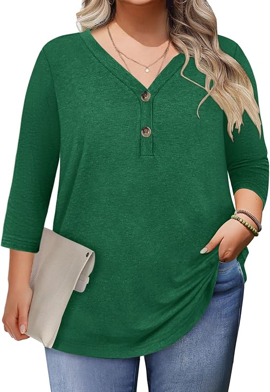 Plus Size Clothes 3/4 Length Sleeve Womens Tops Button Down Shirts Blouses Dressy Casual Loose Tunics L-4XL