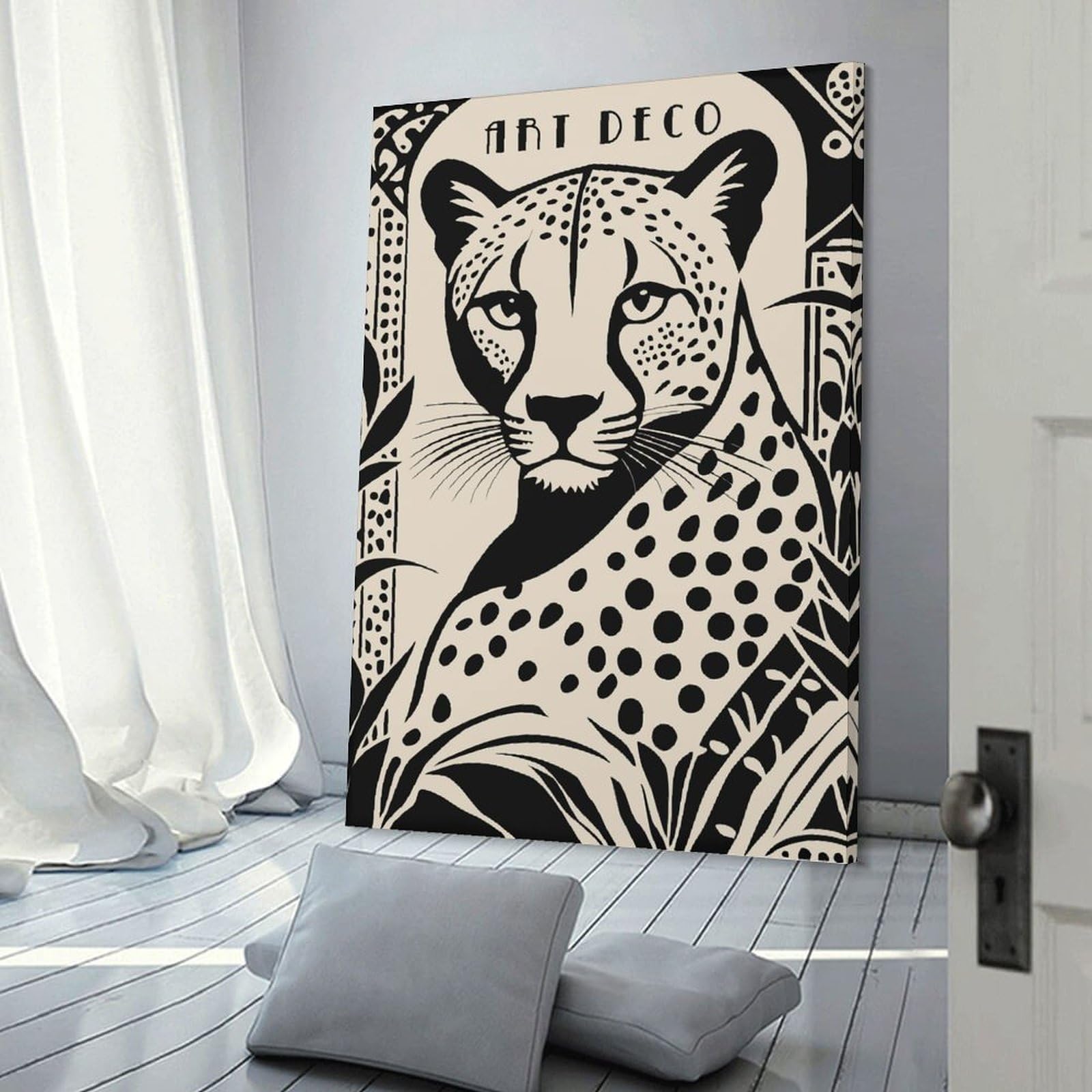 Junmoney Frame-Style-22 Art Deco Cheetah Illustration Decorative Wall Artwork, 16X24inch(40X60cm), For Home Lounge, Bedroom Or Reading Nook, Eye Catching Artwork For Blank Walls