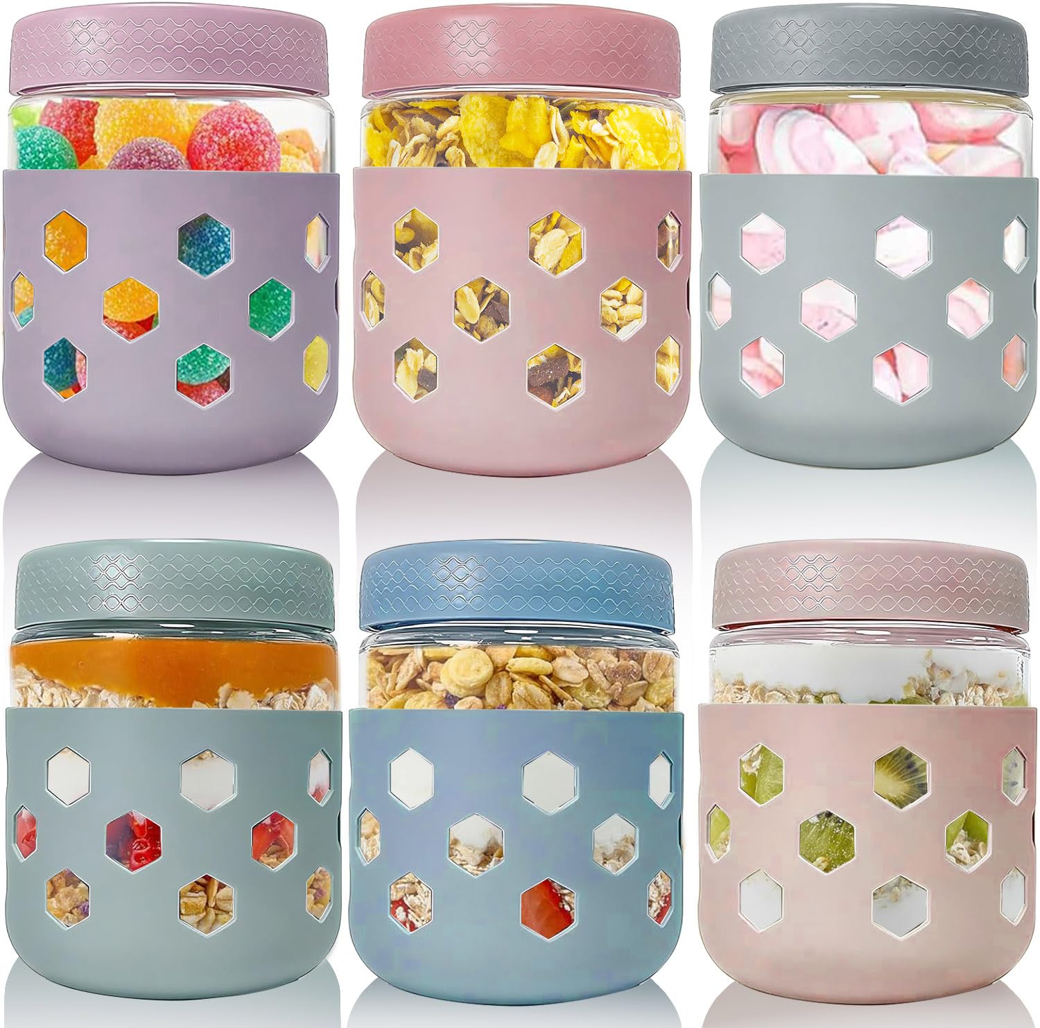 Overnight Oats Jar Container set 6, 480ml Glass Mason Jars with Lids and Protective Silicone Sleeve, Cereal Milk Vegetable Fruit Salad Jam Protein Porridge Storage Containers, Breakfast Pots with Lid