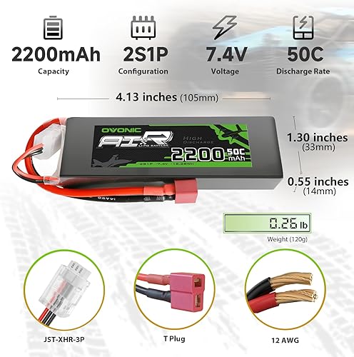 Miniatura 2 de OVONIC 2s Lipo Battery 50C 2200mAh 7.4V Lipo Battery Soft Case con conector T estilo Dean para RC Evader BX Car RC Truck RC Truggy RC Avión UAV