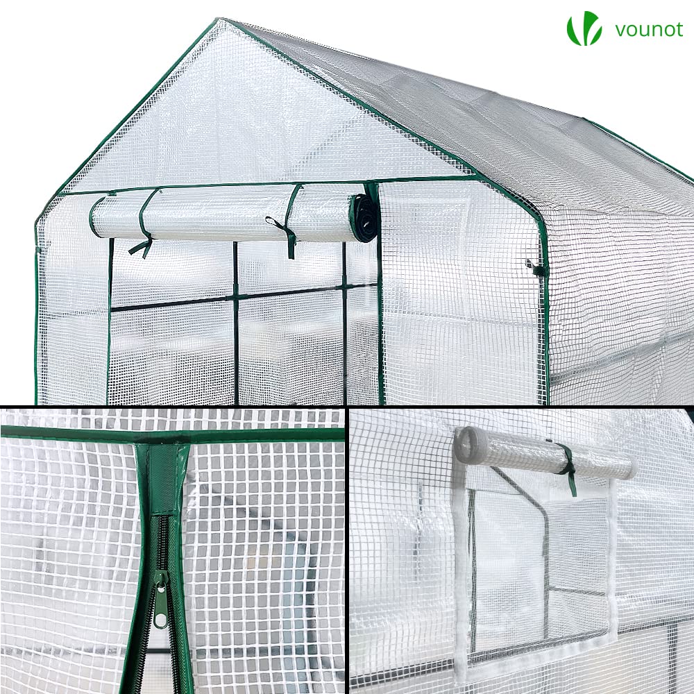 VOUNOT Serra da Giardino 143x215x195 cm con Porta Avvolgibile e Finestra di Osservazione, Mini Serra Orto Vivaio per Piante 12 Ripiani per Fiori Verdure Crescita, Bianco