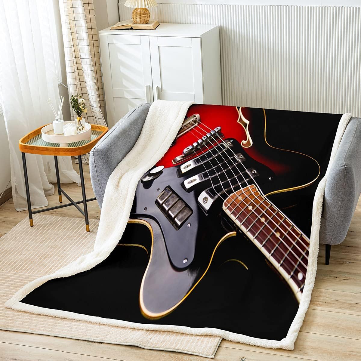 Homemissing Multicolored 061 Guitar Throw Blanket Music Theme Decor Sherpa Blanket For Couch Bed Sofa Rock Musical Instrument Fuzzy Blanket Decor Black Red Plush Throw Blanket 60X79 Inch
