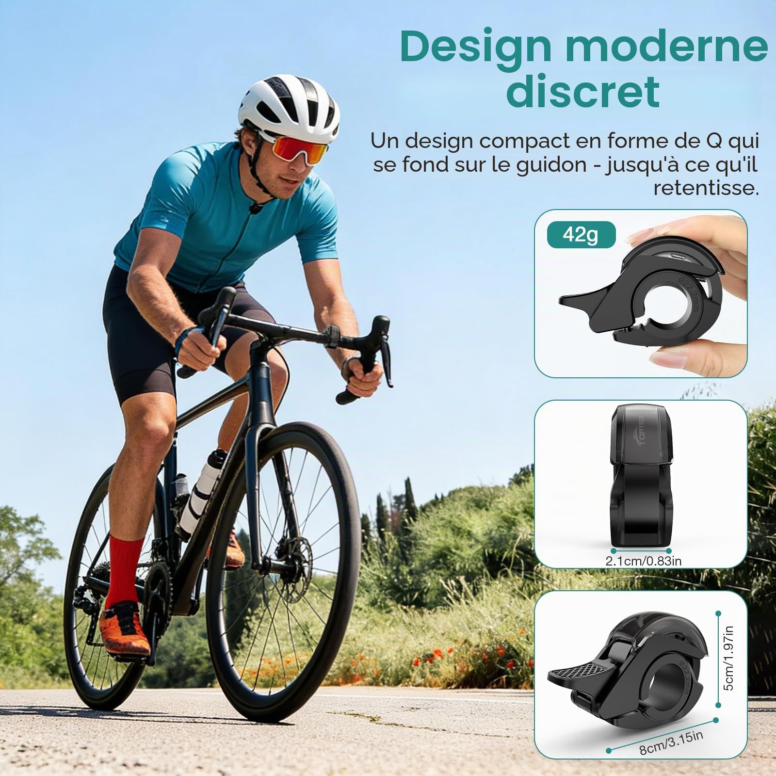 toptrek Sonnette de vélo de montagne innovante en alliage d'aluminium - Mise à niveau 2026 - 110 dB - Sonnette de vélo puissante - Pour vélo de route, vélo électrique et VTT - Guidon de 22,2 à 31,8 mm