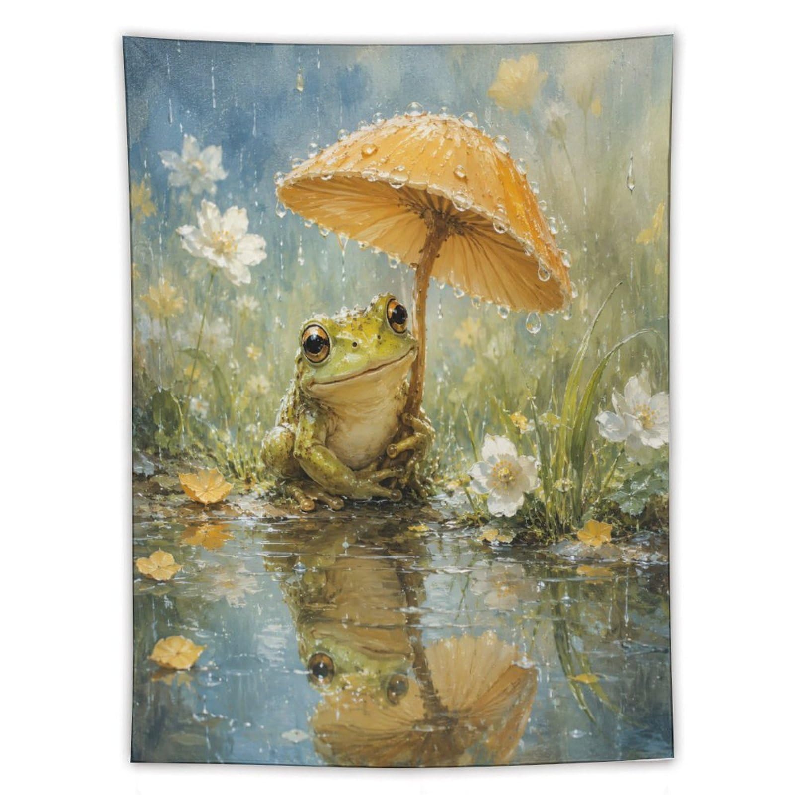 H3B8U2Y5 Umbrella Frog Wildflower Wall Tapestry, Ukiyo-e Style, Bed