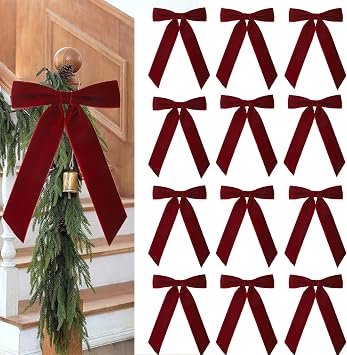Celltestria 12pcs Christmas Bow Ornament 6.7x9.4 Inch Velvet Wreath Bows Xmas Tree Topper Ribbon Hanging Bows for Christmas Holiday Home Outdoor Indoor Party Garland Crafts DecorationWine Red