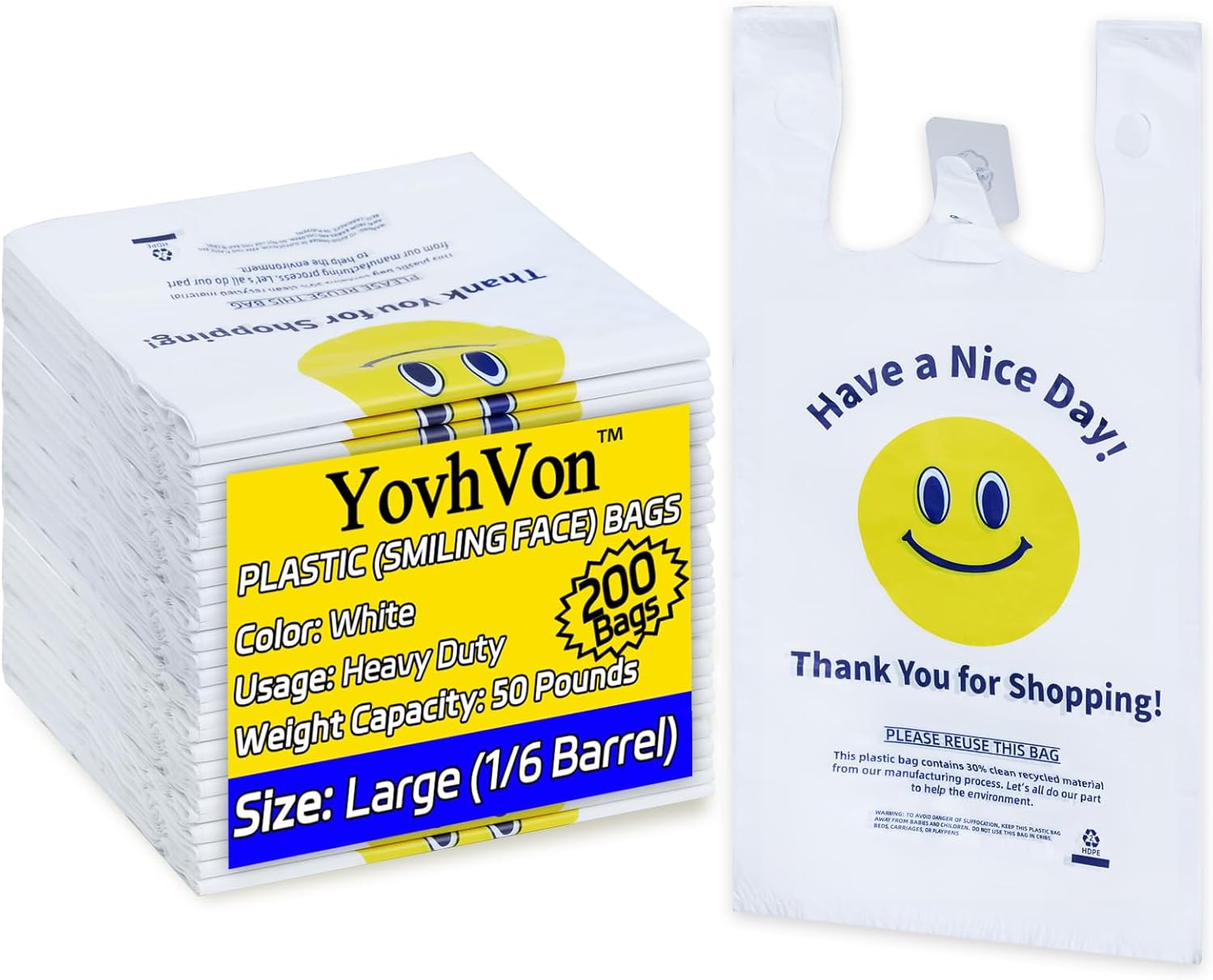 0.8Mil(20 Microns), 200 Count, Plastic Bags with Handles, T-Shirt bags, Thank You bags, Shopping Bag, Grocery Bag, |for Store, Carry, Pack|, White, 1/6 Barrel, Large 11″x6″x21″, Heavy Duty