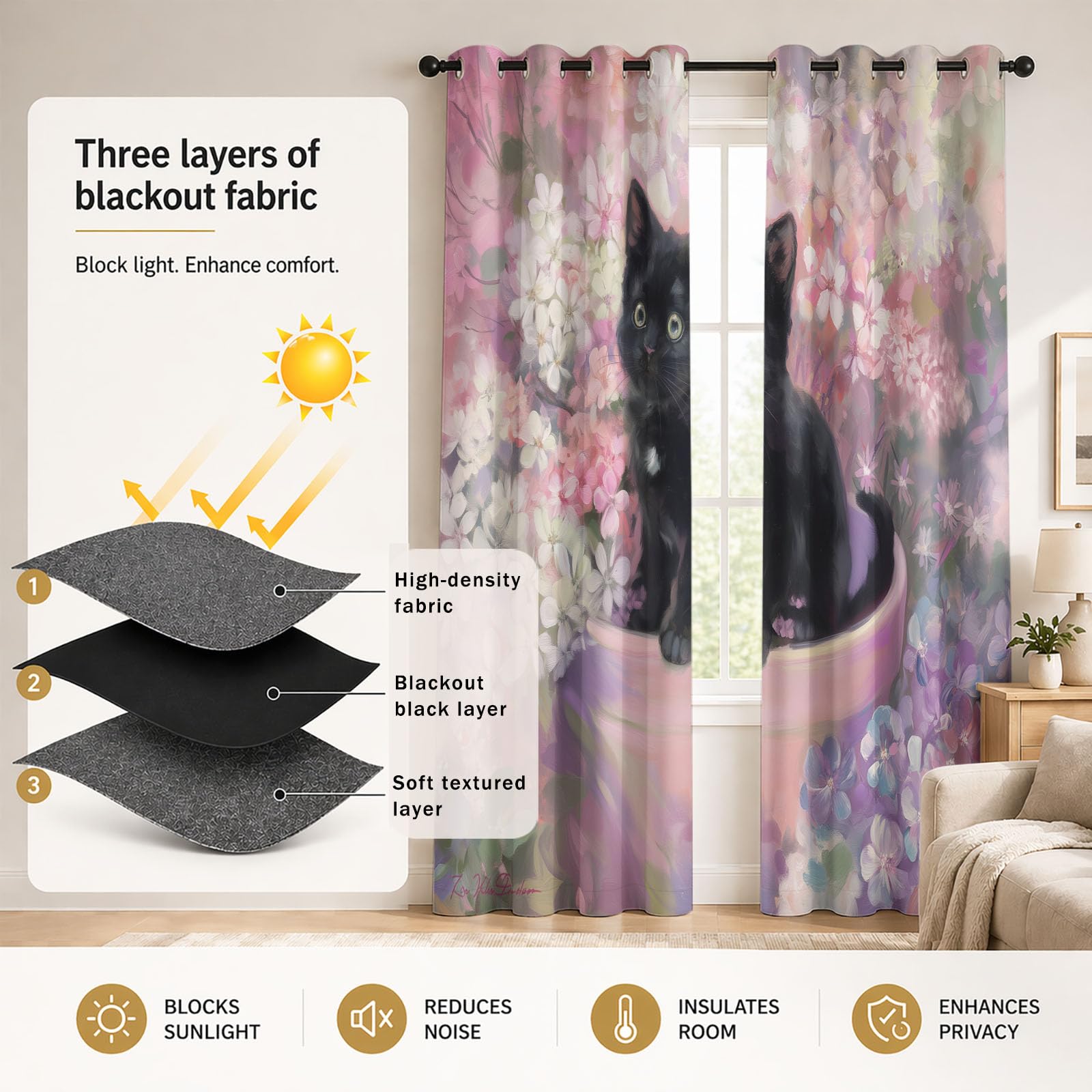 Generisch Cortinas térmicas para sala de estar, cortinas opacas japonesas lindas con ojales, diseño de gato y flores, cortinas opacas con aislamiento térmico para dormitorio, 215 x 140 cm (alto x