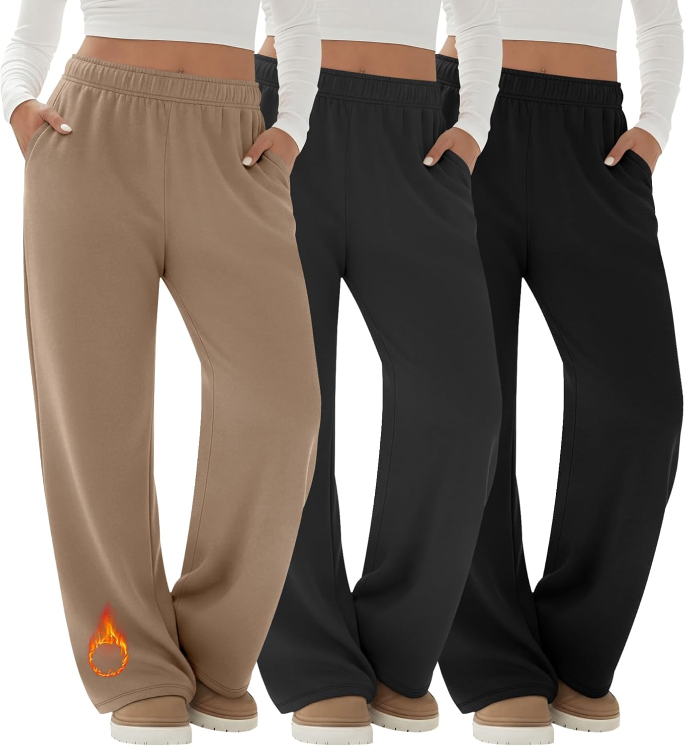 Velvelhall 3 Pack Women's Fleece Plus Size Wide Leg Sweatpants Lined Baggy Pants Drawstring Casual Joggers with Pockets