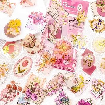 50pcs Pink Envelope Flowers Sticker Aesthetic Gilding PET Transparent Decals for Water Bottle Laptop Scrapbook Stationery Diary Phone DIY Decorate Sticker for Adult Woman Gifts