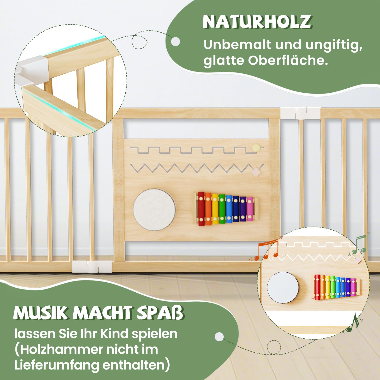 240x160x61cm Baby Laufgitter klappbar Laufstall Holz Kinder Activity Center mit Tür, musikalischem Spielzeug Krabbelgitter Verformbar Absperrgitter für Kinder (10 Paneele)