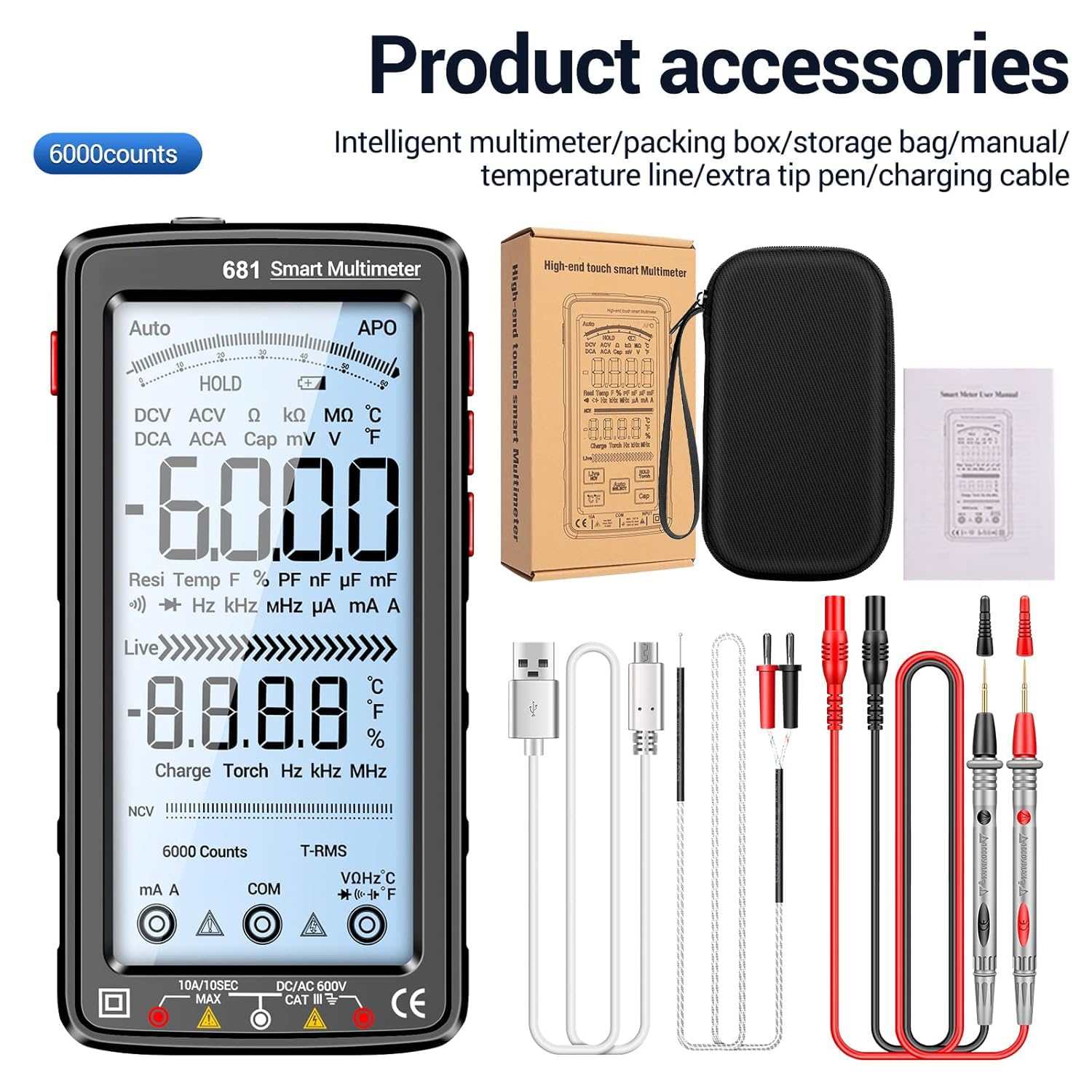 ANENG 681 6000 liczy cyfrowy multimetr Smart Anti-burn Akumulator uniwersalny miernik NCV 5-calowy duży tester LCD z podświetlaną latarką dla napięcia Prąd Rezystancja