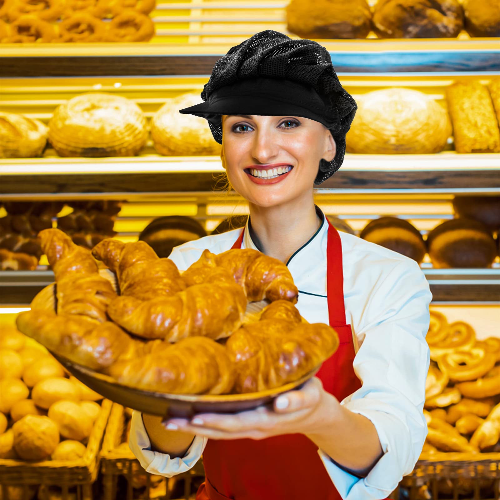 Cappello da Cuoco in Cotone Nero Donna Cucina Chef Baker Cuffia Alimentare Ristorante Raffreddamento Riutilizzabile 2 Pezzi