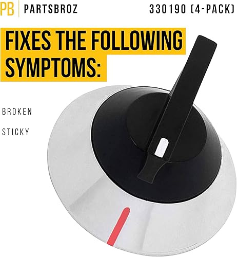 Miniatura 3 de PartsBroz WP330190 330190 - Pomo para quemador de superficie (paquete de 4) – Compatible con horno de pared Whirlpool Roper Kenmore Range –