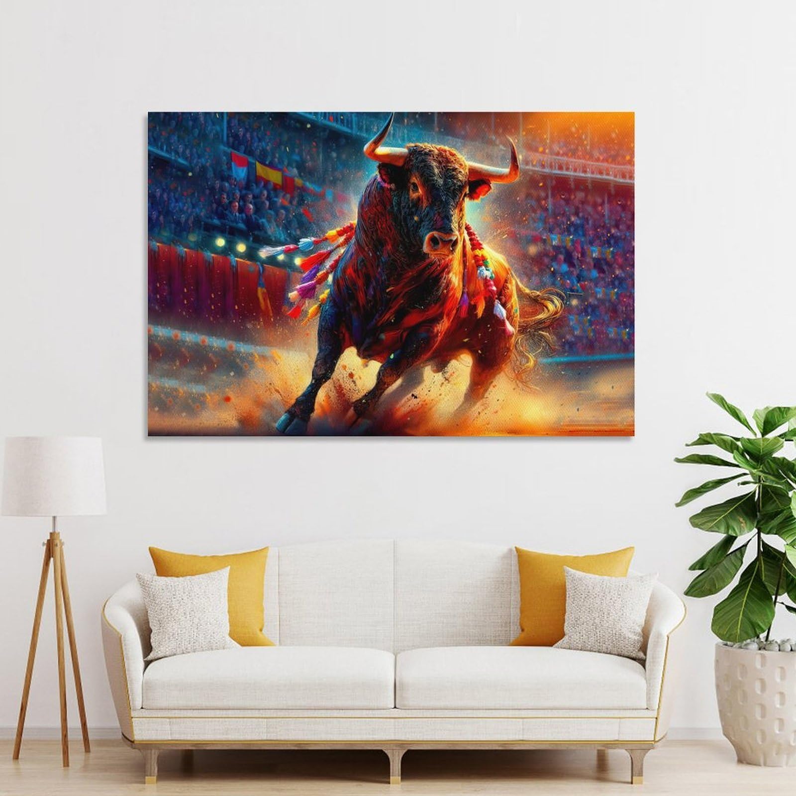 Junmoney Bull in Plaza España Canvas Wall Decor, 20x30inch(50x75cm), for Home Office, Desk Area Or Studio, Wall Art That Adds Style to Work Areas