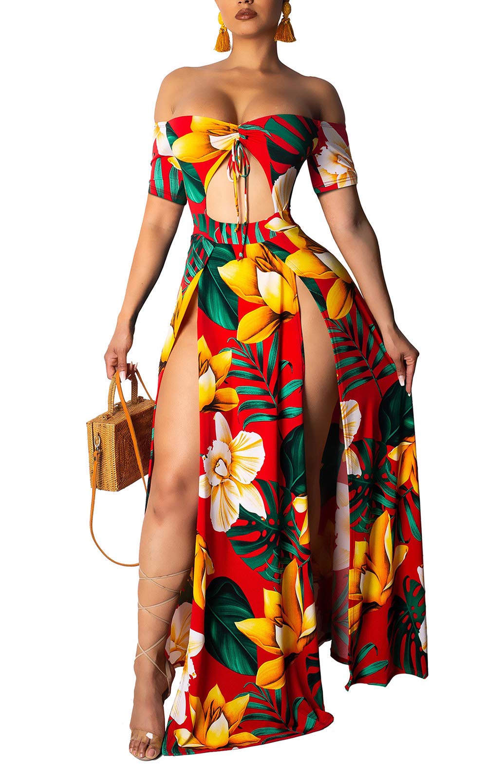 LKOUS Abito lungo da donna, sexy, con scollo a V, stile hawaiano, da spiaggia, in tinta unita, aderente, per vacanze