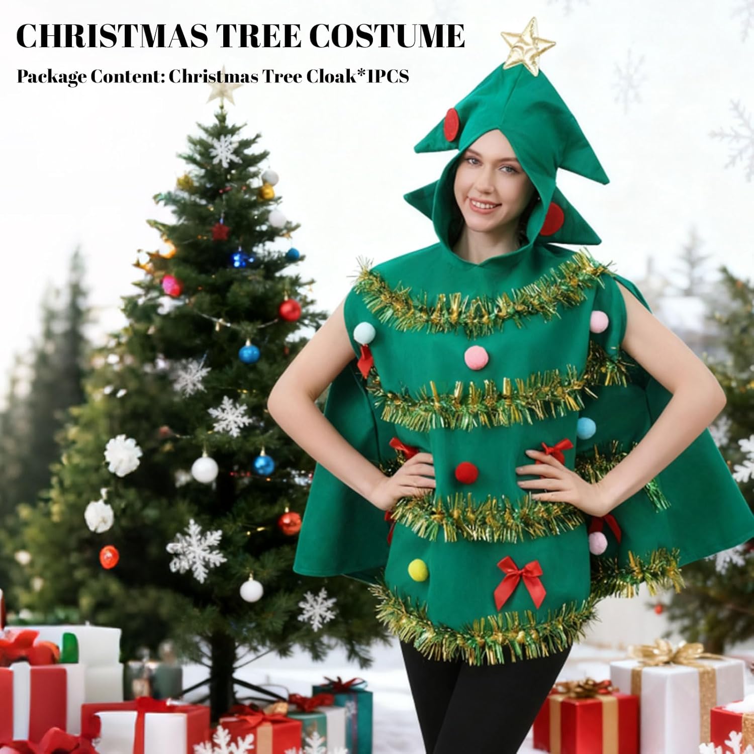 1 PCS Christmas Tree Costume for Adults Hooded Cloak Christmas Poncho Cape Funny Xmas Outfit Christmas Cosplay Party - Image 2
