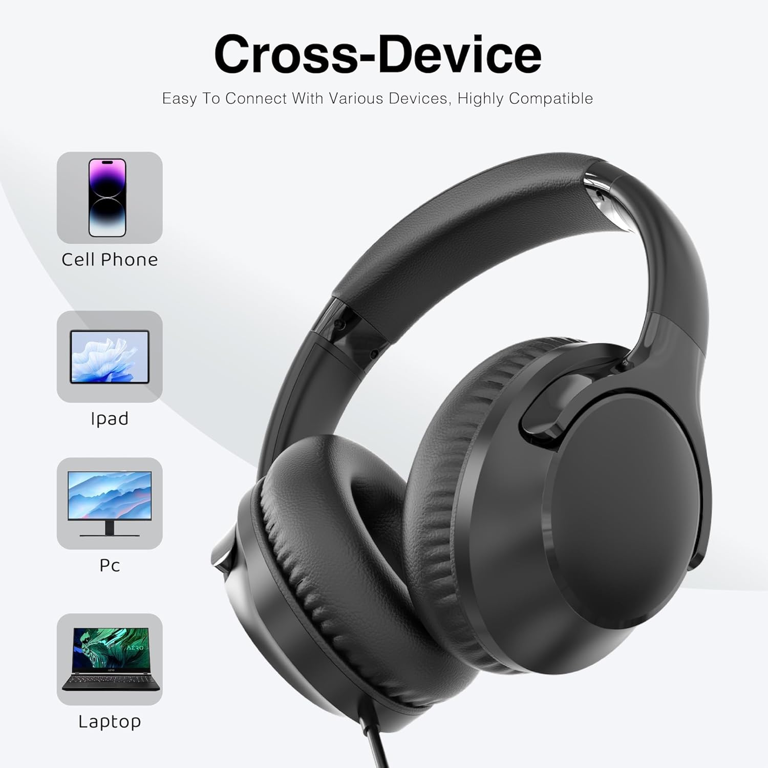 MIDOLA Wired Headphones Over-Ear Hi-Fi Sound with Microphone Adjustable Foldable, 1.5M Cord & 3.5mm Jack, Lightweight Headset for Kids Adults PC iPad Laptop Black - Image 5