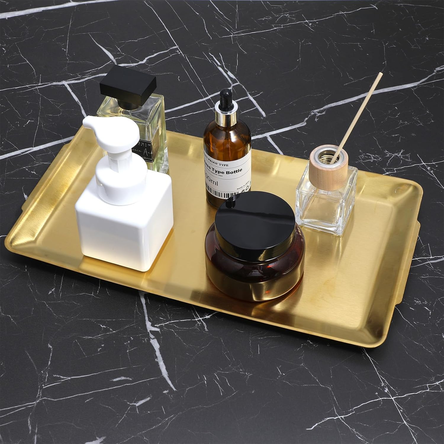 4-Piece Gold Serving Trays Set: Luxurious Gold Trays for Decor & Food Display, 14.21" x 7.95" Brushed Stainless Steel Platters for Parties & Dining