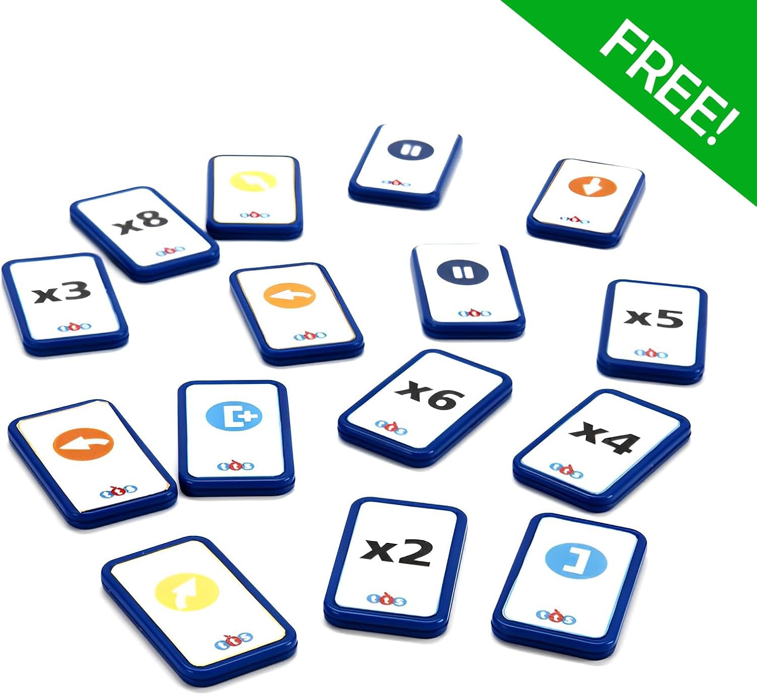 A collection of white TacTile Extension Pack cards with various symbols and numbers, including directional arrows, pause symbols, and multiplication signs.