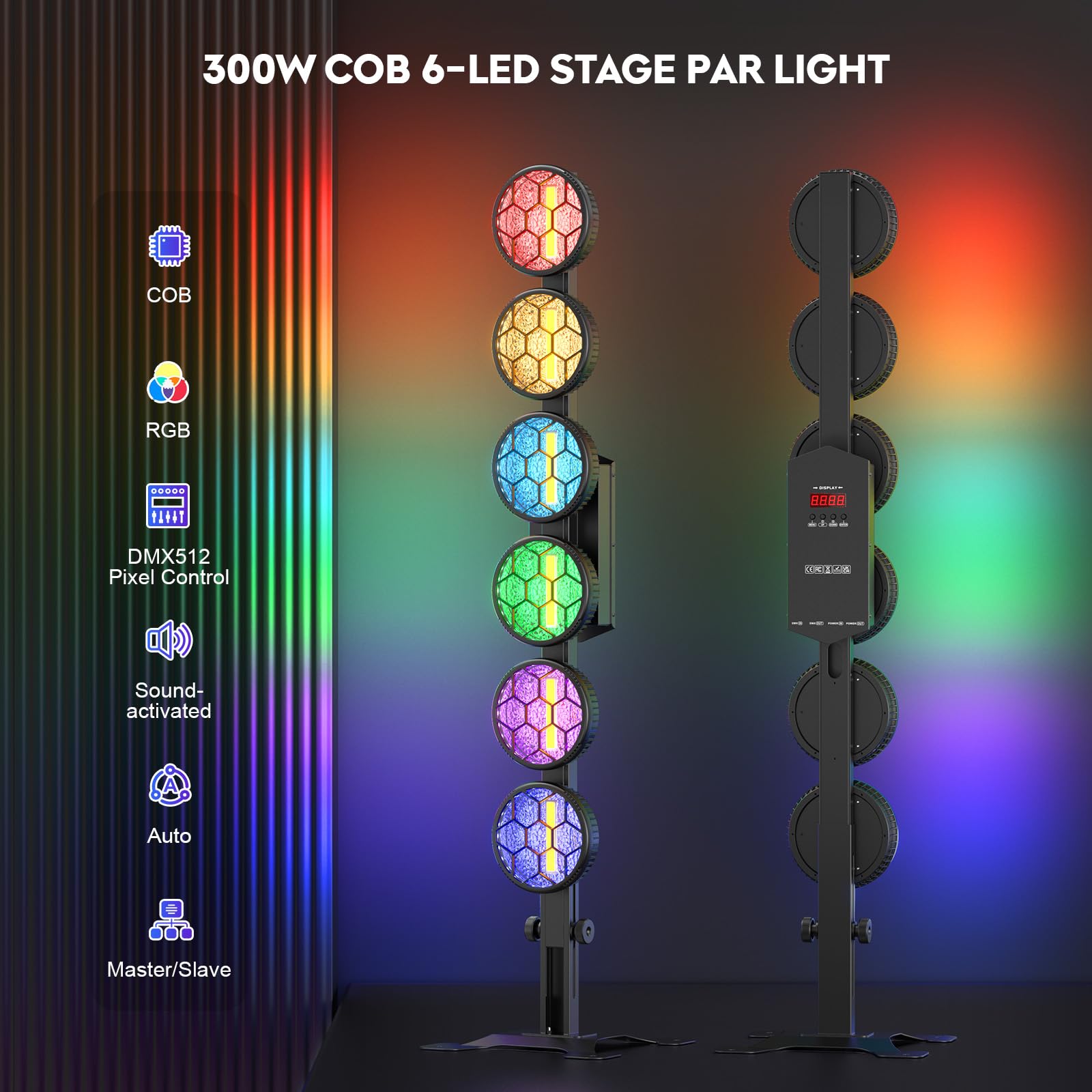 300W LED Par Luci da Palco Lineare Vintage COB,6x50W COB Luce Dorata + 168 LED RGB,Faretto Palcoscenico DMX Luce Della Festa,Luce Stroboscopica per Bar DJ Discoteca Matrimoni Halloween Natale,2PCS